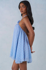 Halterneck Babydoll Mini Dress in Blue Polka Dot Print