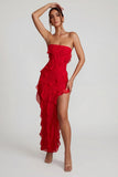 Bandeau Ruffle Detail Maxi Dress in Red