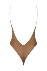 Soft Mesh Invisible Strap Thong Bodysuit in Almond