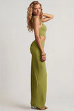 Textured Jersey Asymmetric Maxi Dress in Olive Green