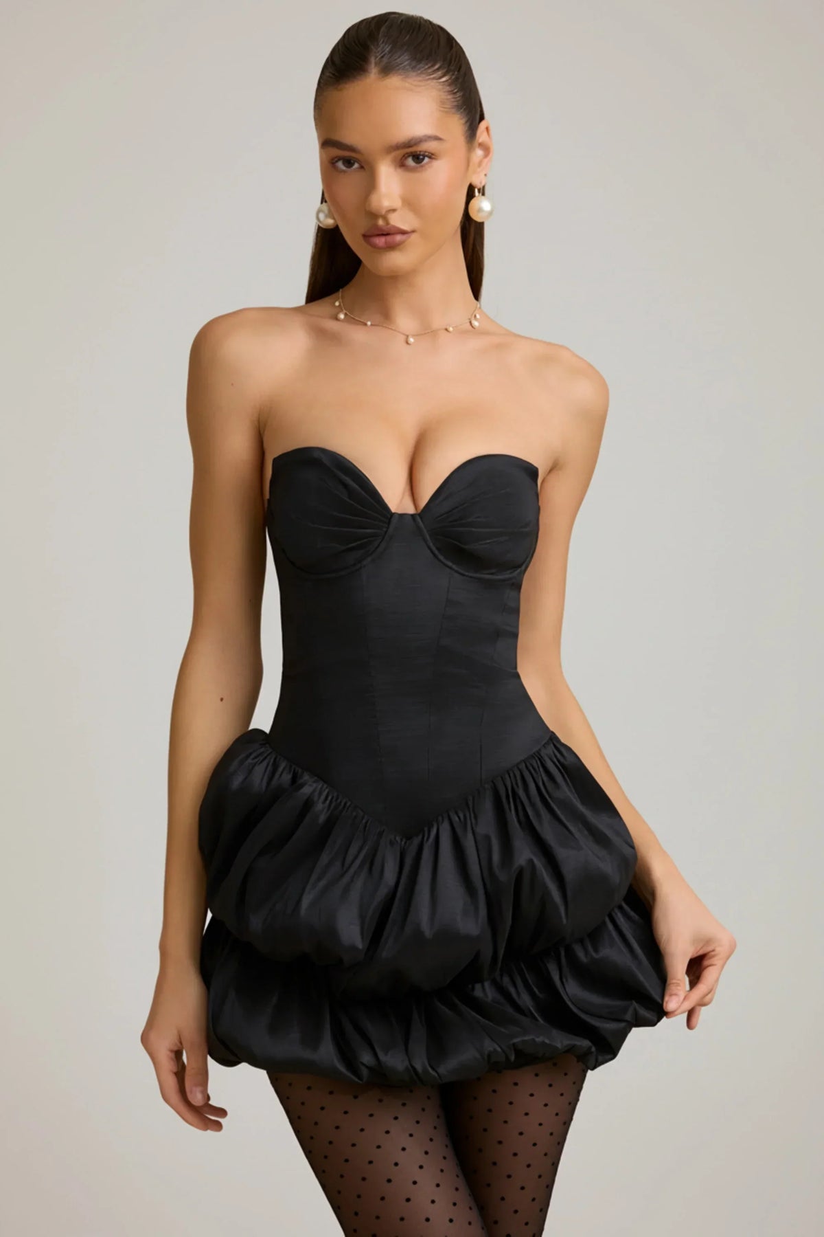 Satin Bubble Hem Corset Mini Dress in Black