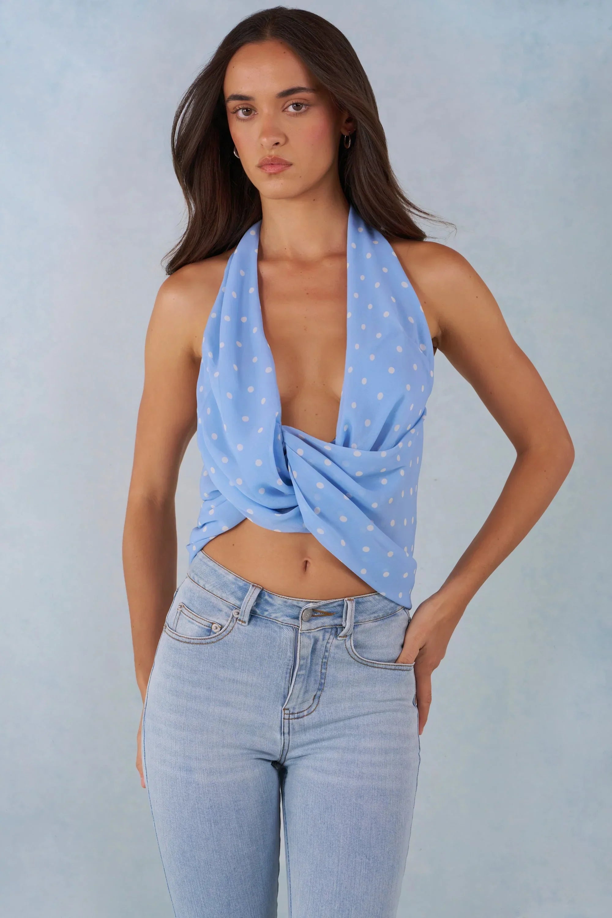 Deep Plunge Halterneck Top in Blue Polka Dot Print