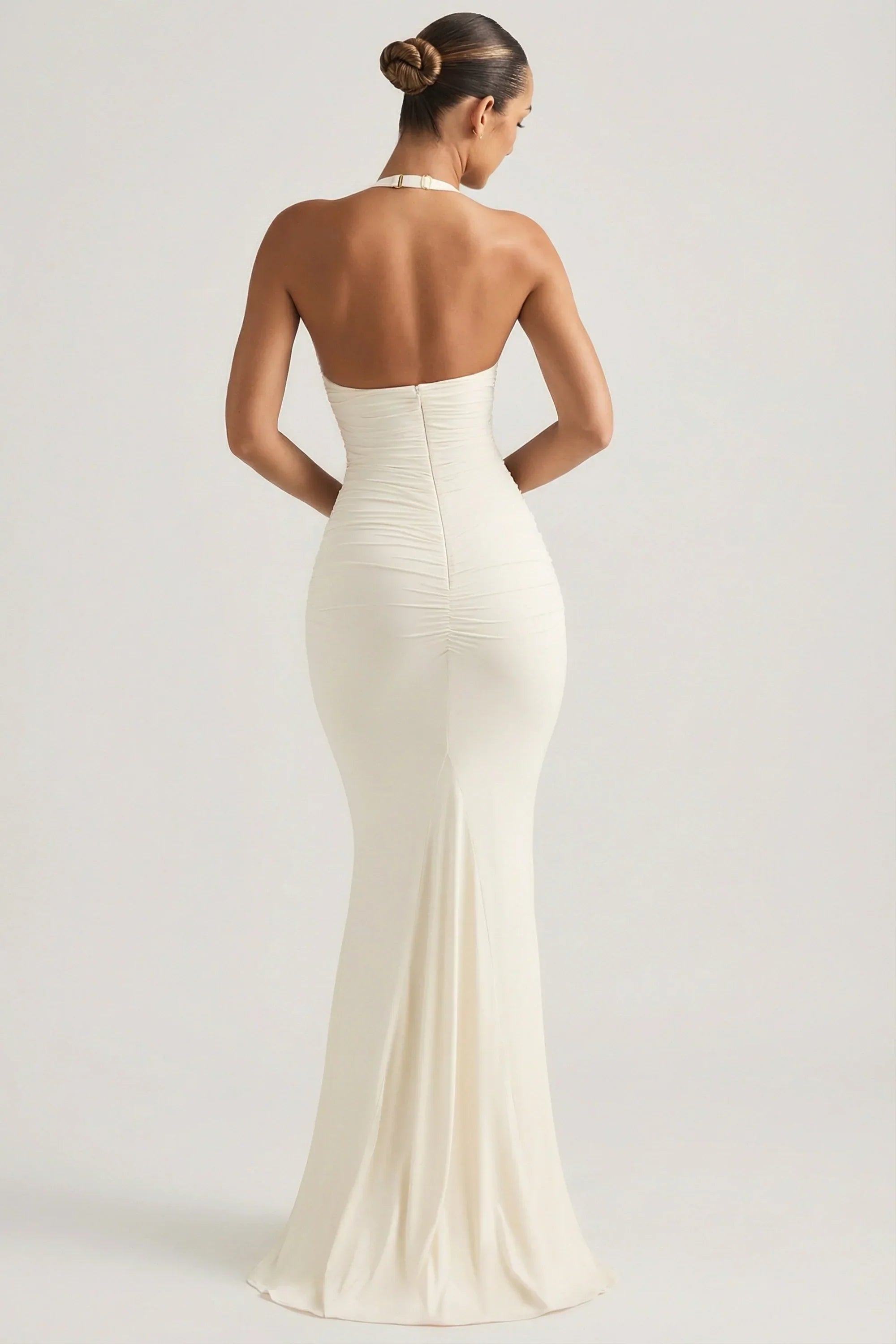 Ruched Backless Halterneck Gown in Ivory