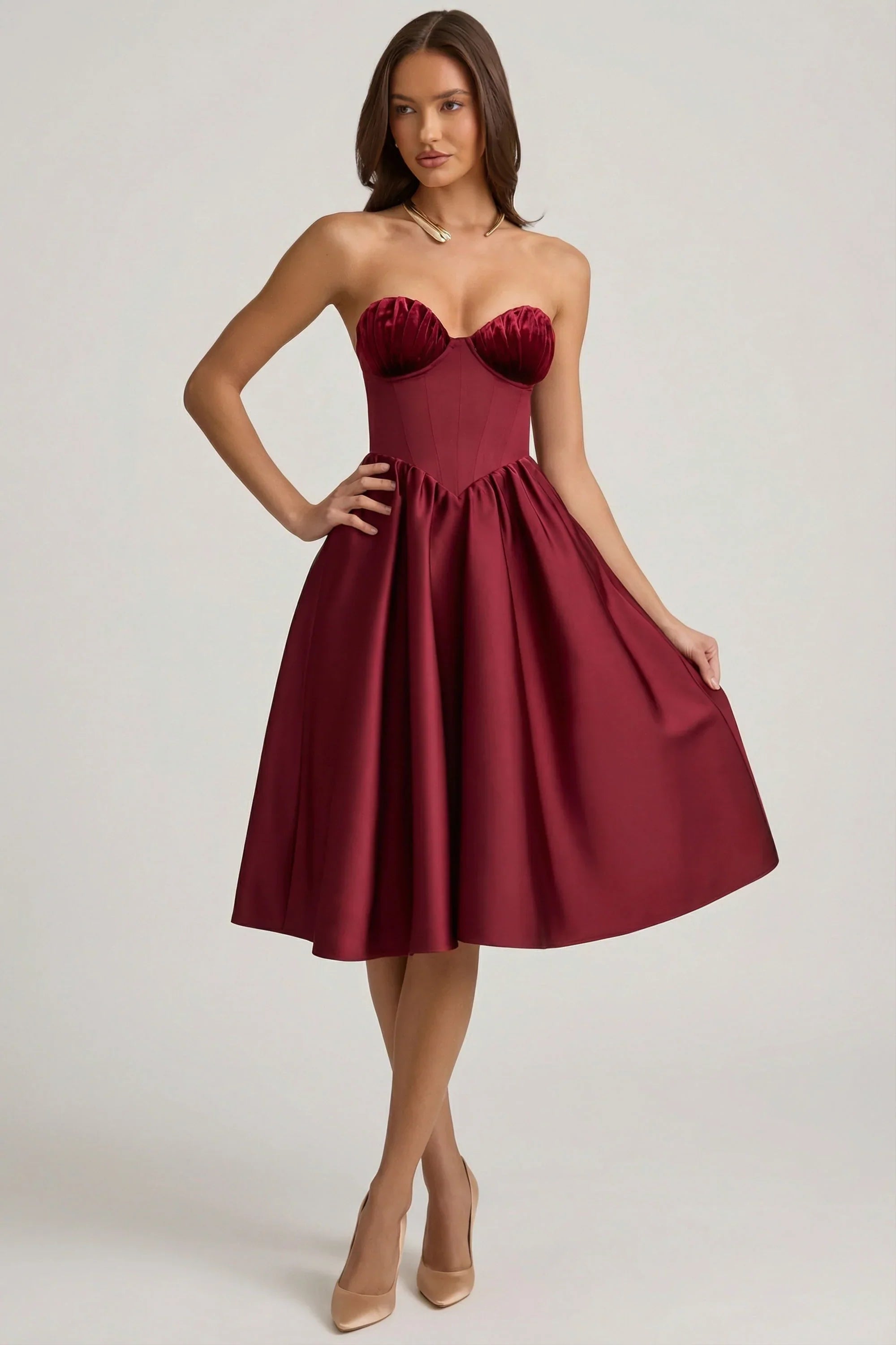 Strapless Corset Midi Dress in Wine Red