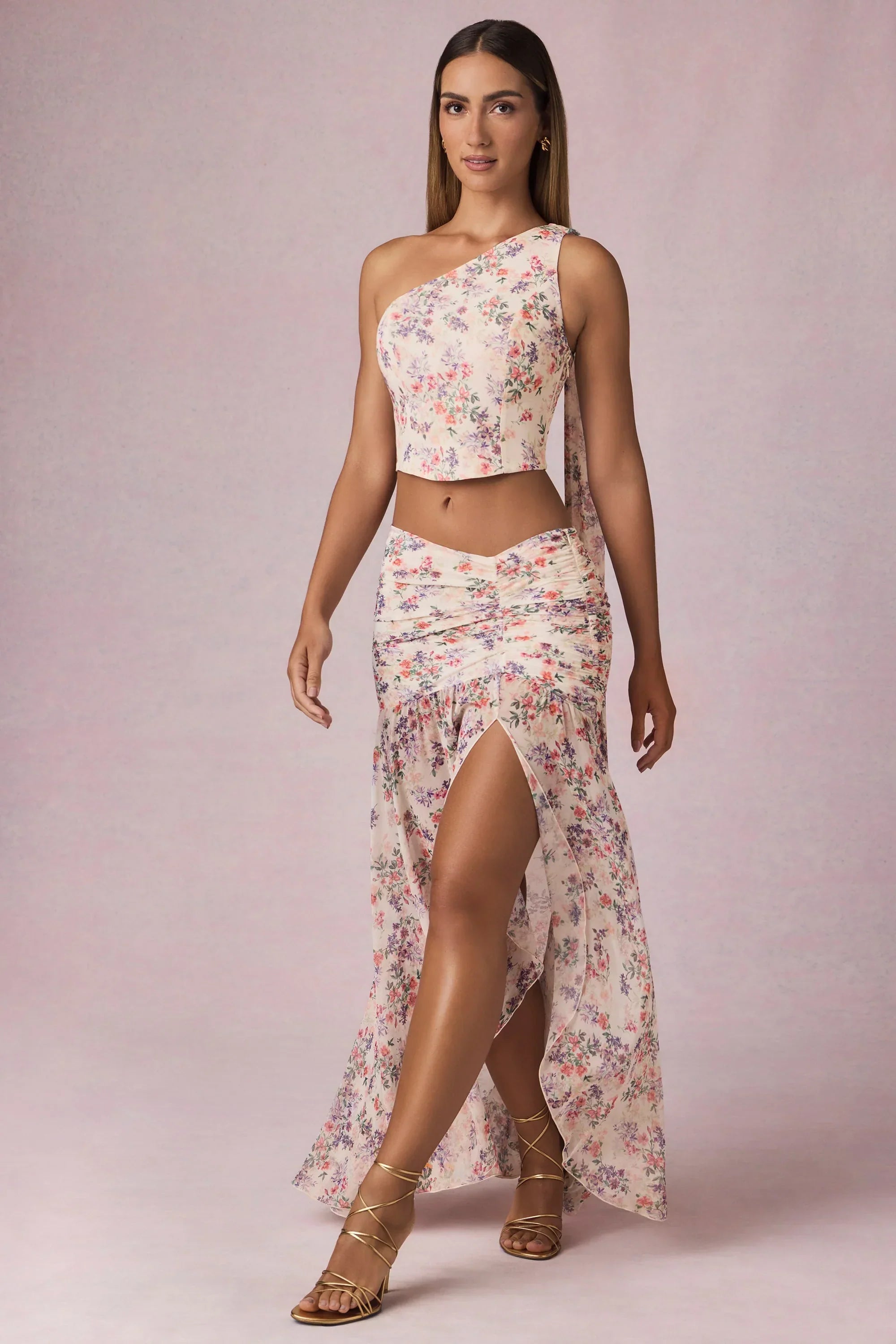 Asymmetric Ruched Maxi Skirt in Primrose Floral Print