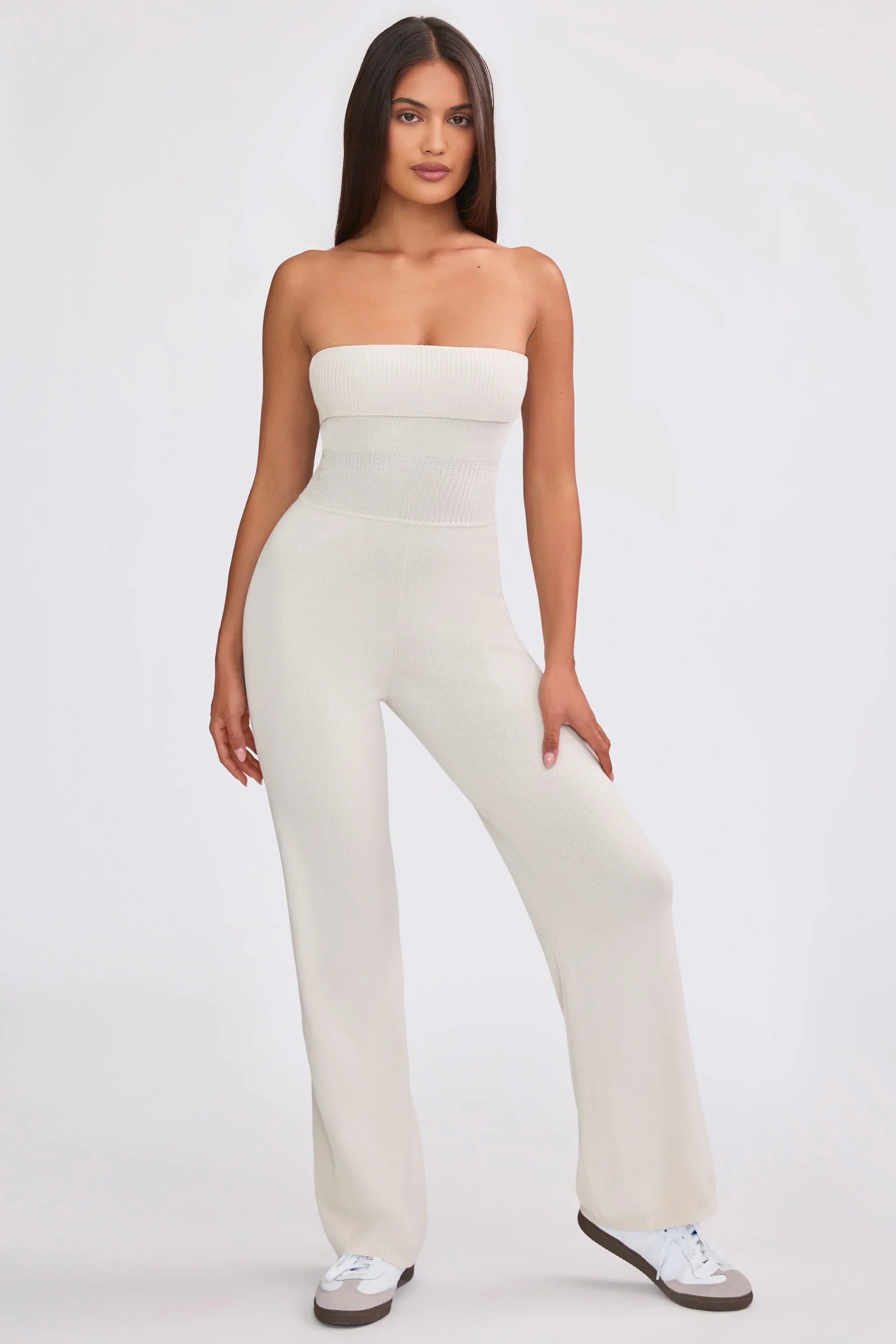 Chunky Knit Bandeau Kick Flare Jumpsuit in Cream