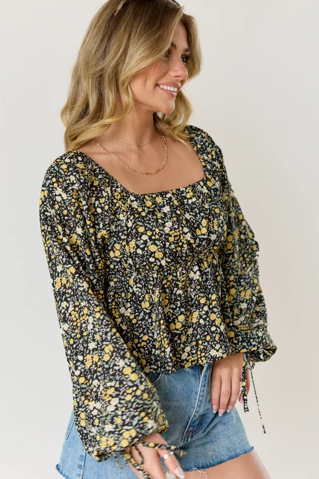 Evelina Black And Yellow Floral Ruched Babydoll Top