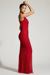 Embellished Plunge Neck Evening Gown in Red