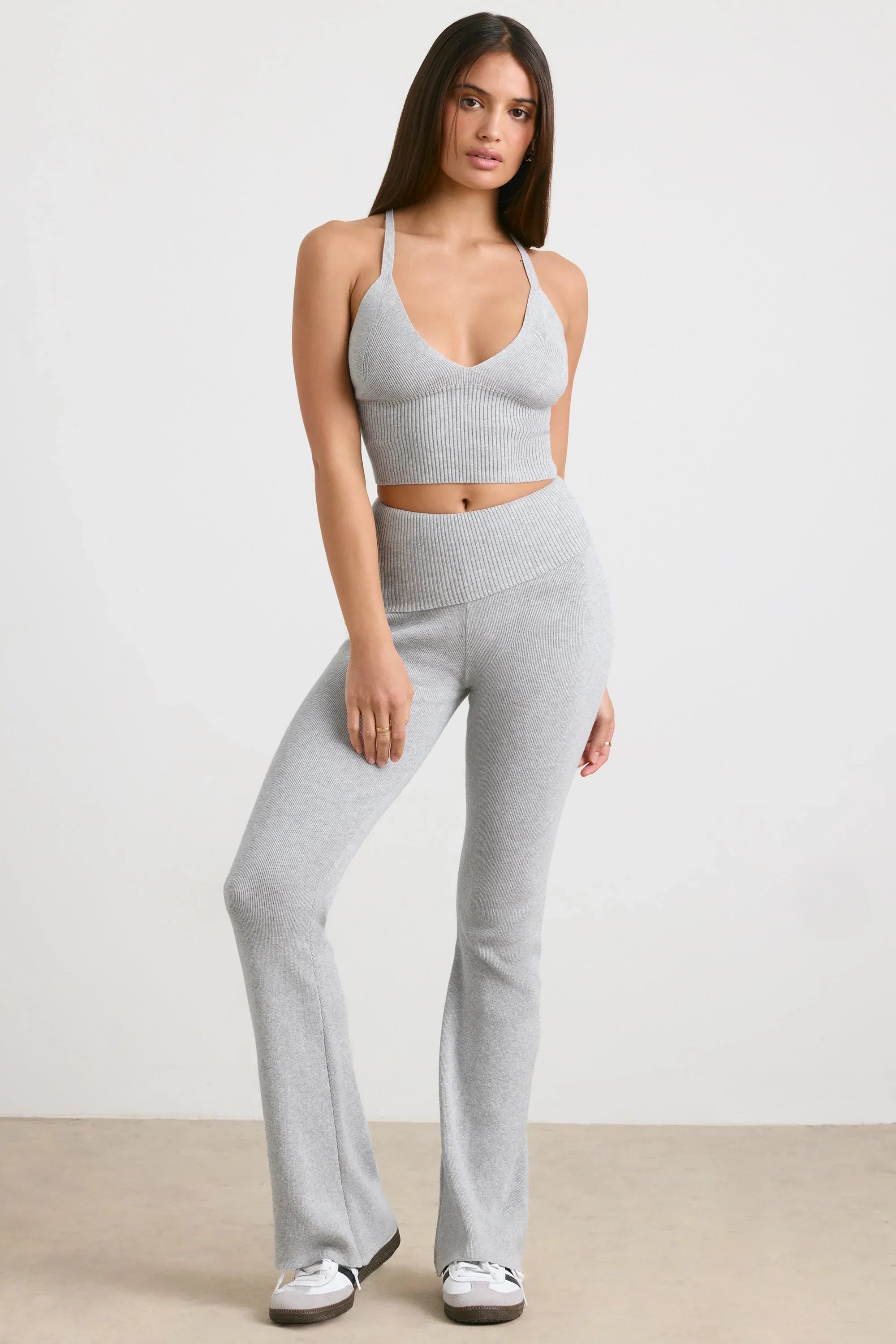 Chunky Knit Foldover Kick Flare Trousers in Grey Marl