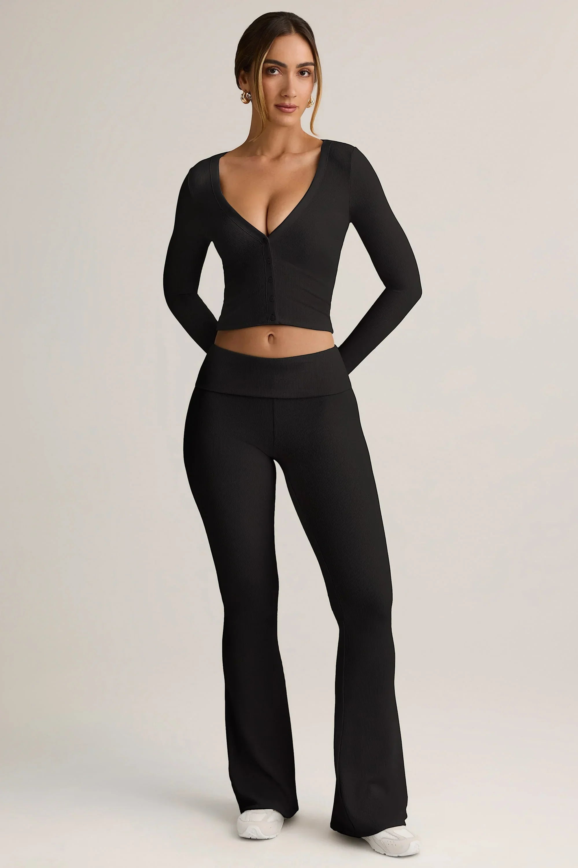 Modal Ribbed Foldover Flared Trousers in Black