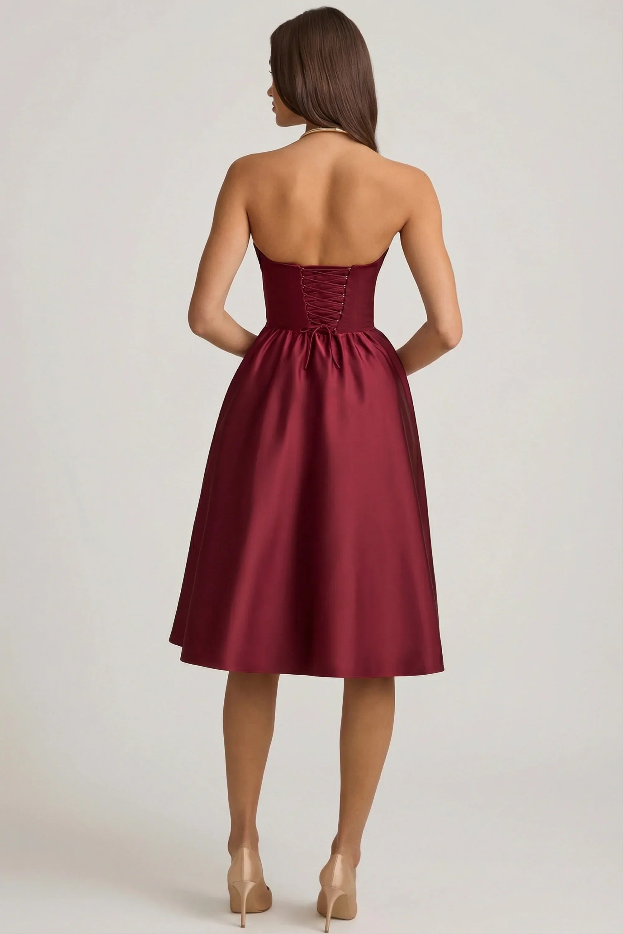 Strapless Corset Midi Dress in Wine Red