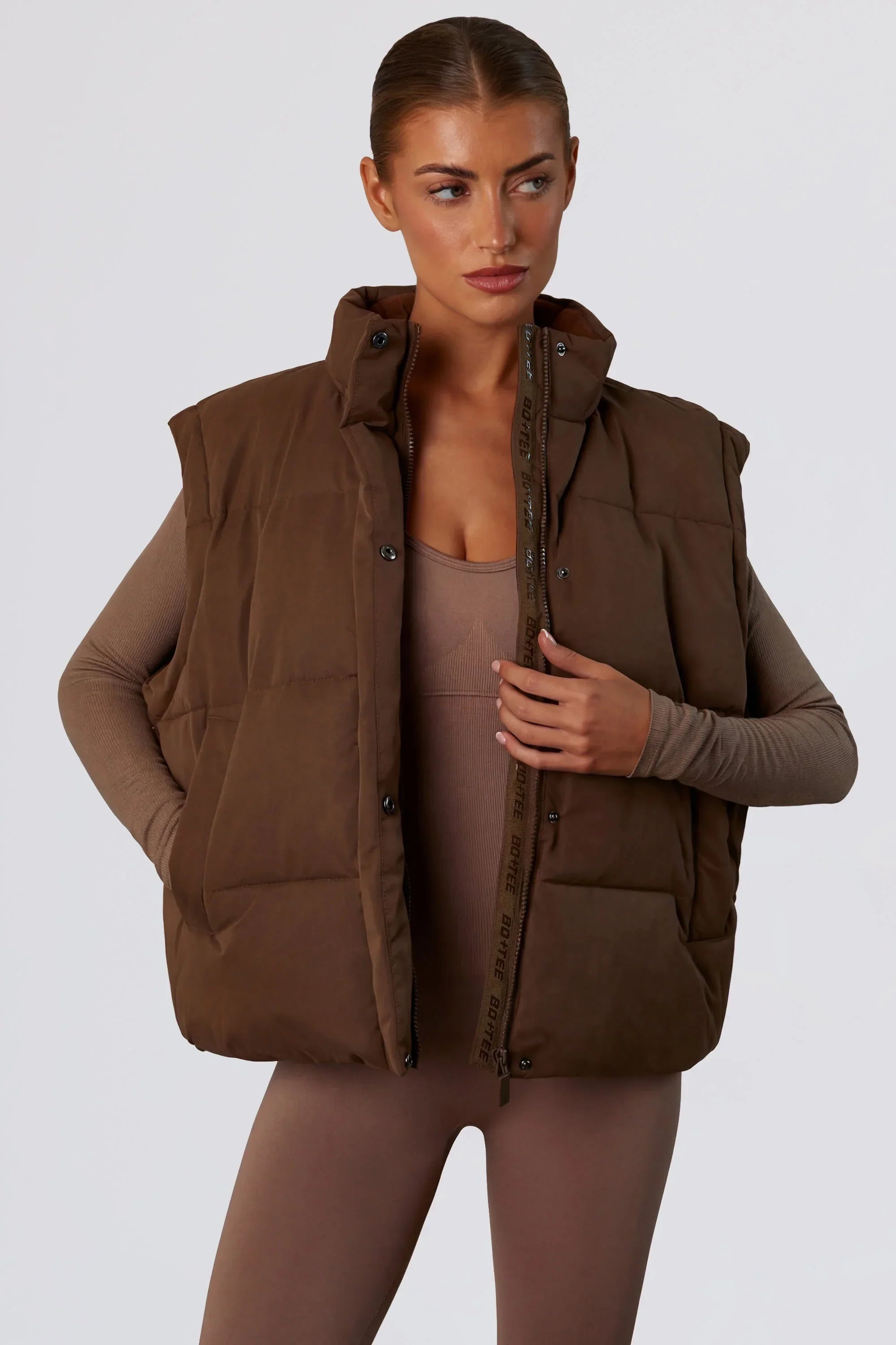Cropped Puffer Jacket with Detachable Sleeves in Cocoa Brown