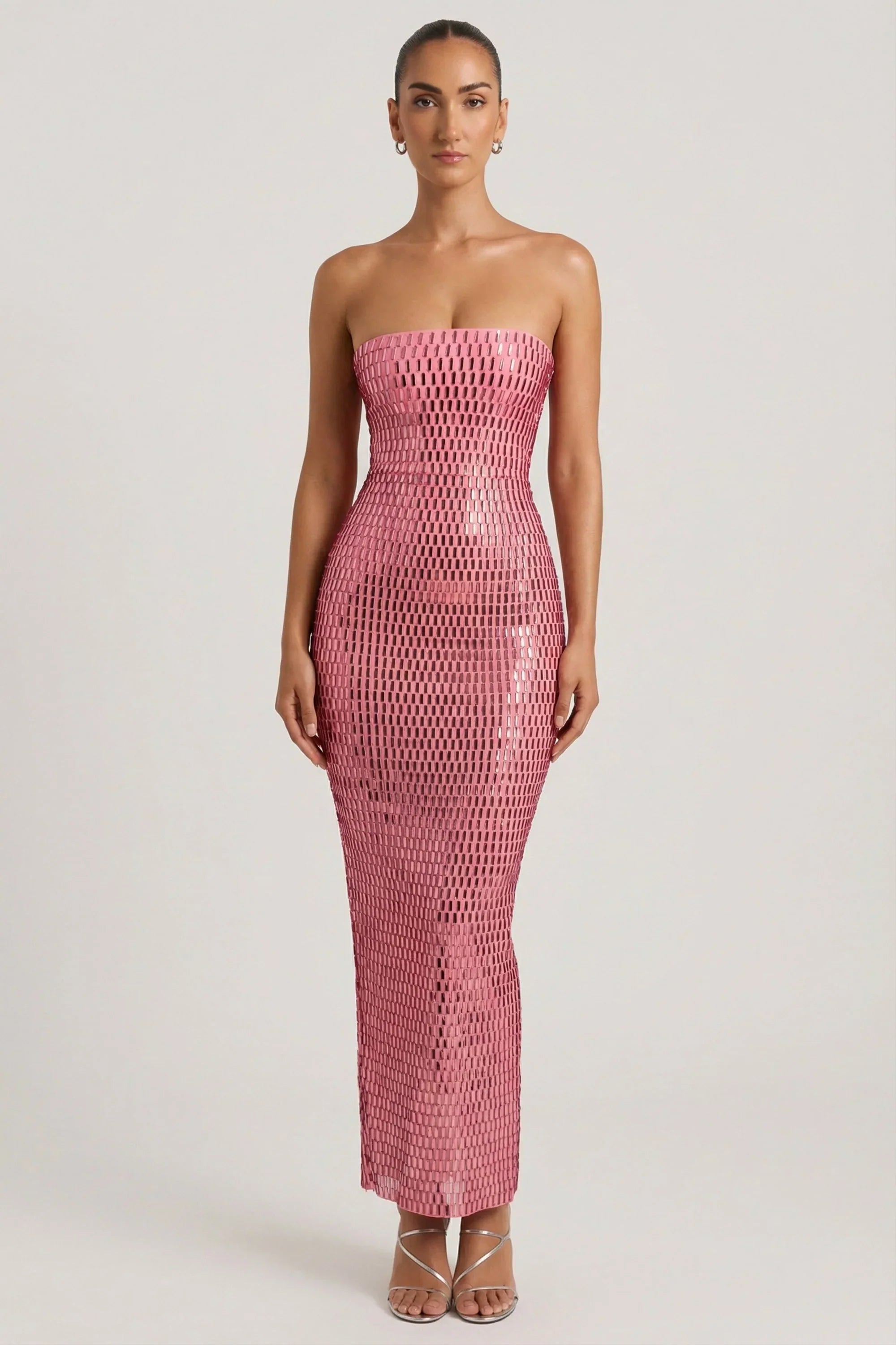 Embellished Strapless Bandeau Maxi Dress in Watermelon