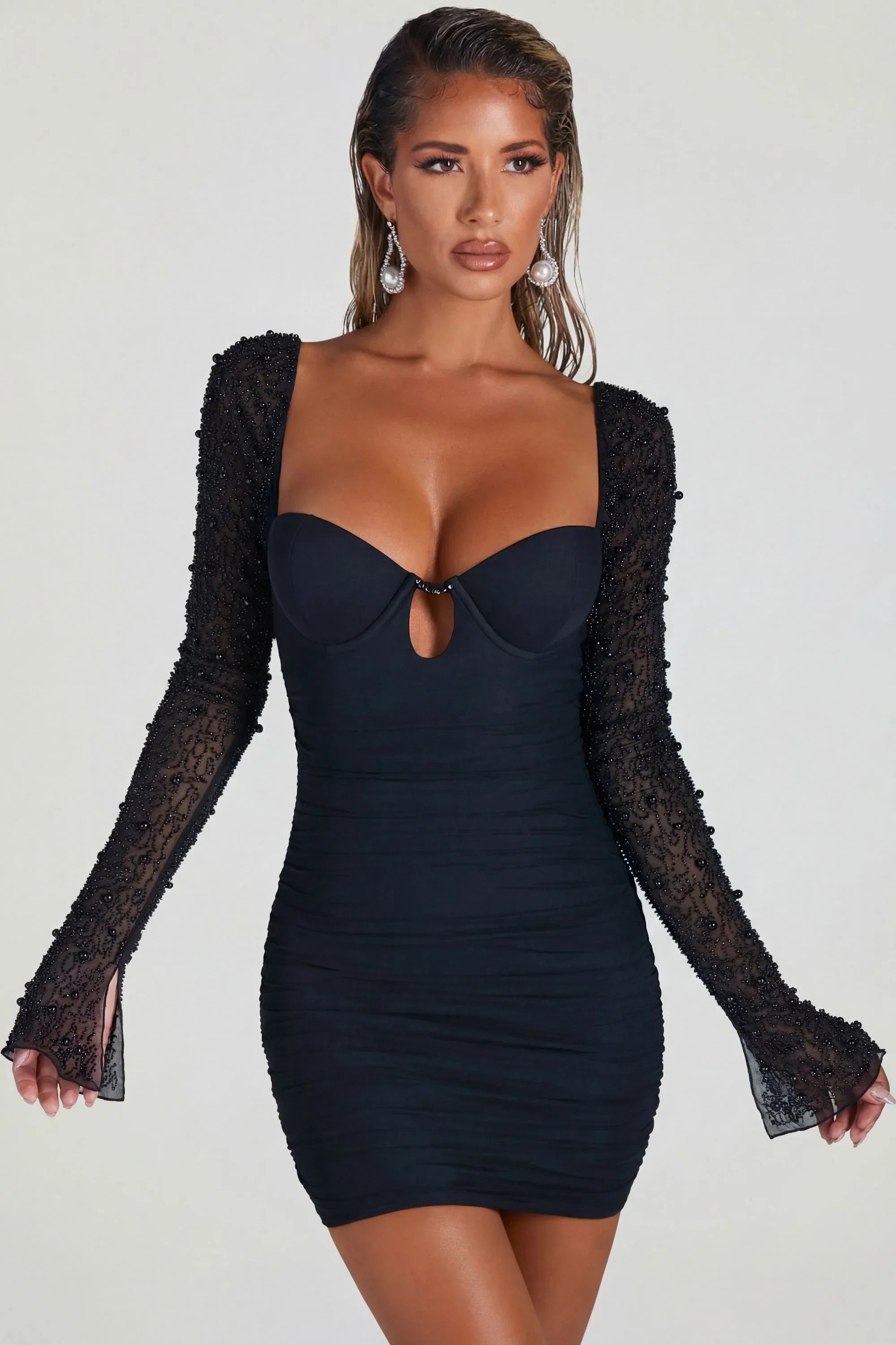 Embellished Long Sleeve Mini Dress in Black