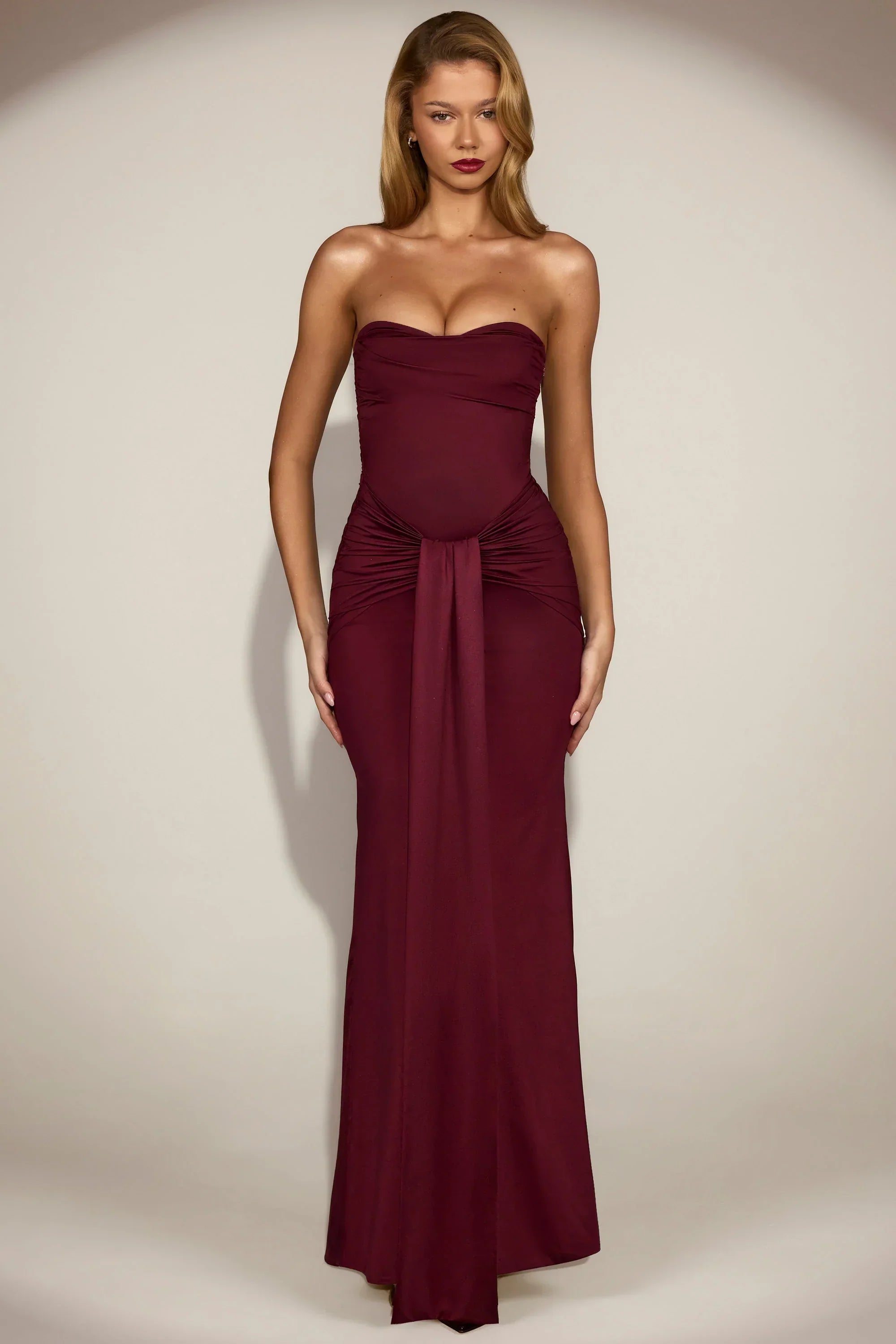 Satin Peekaboo Bandeau Draped Gown in Wine Red