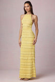 Ruffled Backless Halterneck Maxi Dress in Lemon Yellow