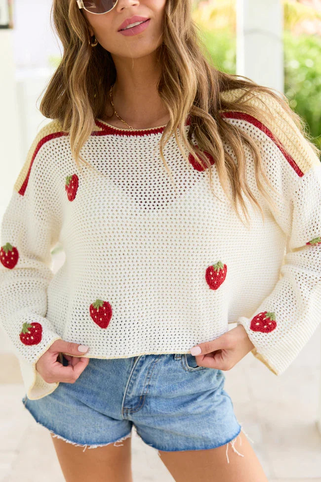 Madi Ivory Strawberry Crewneck Sweater