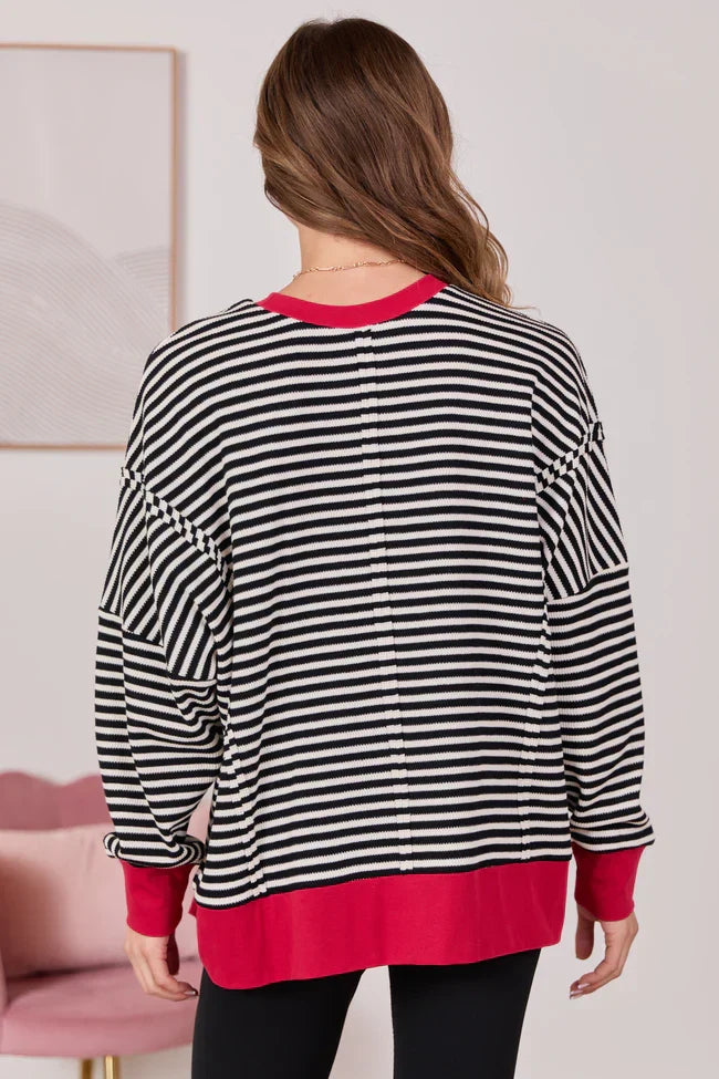 Kara Black And White Stripe Waffle Pullover
