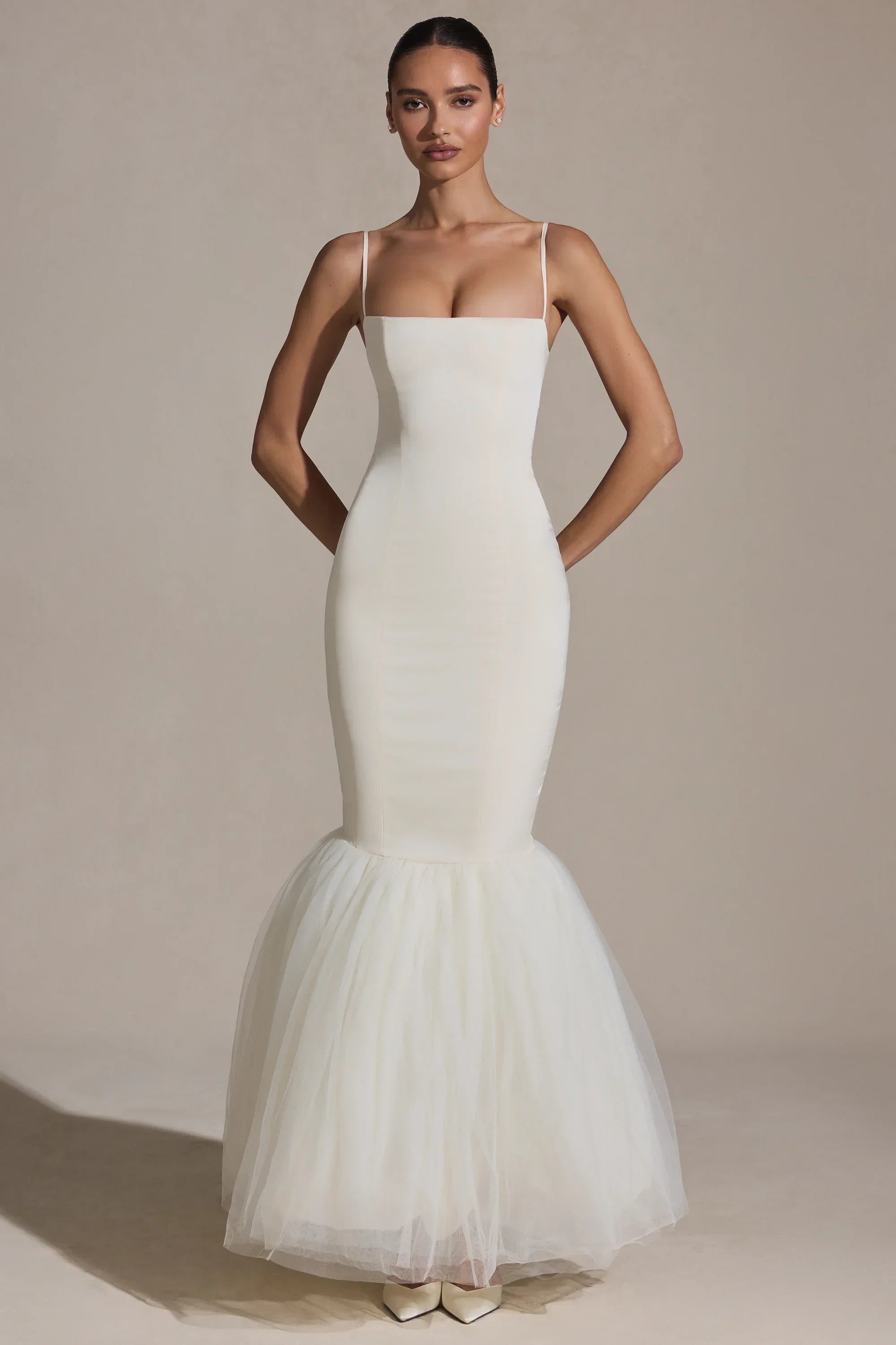 Tulle Hem Fishtail Gown in Ivory