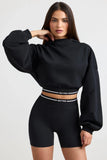 Stretch Cotton Fleece Cropped Hoodie in Black