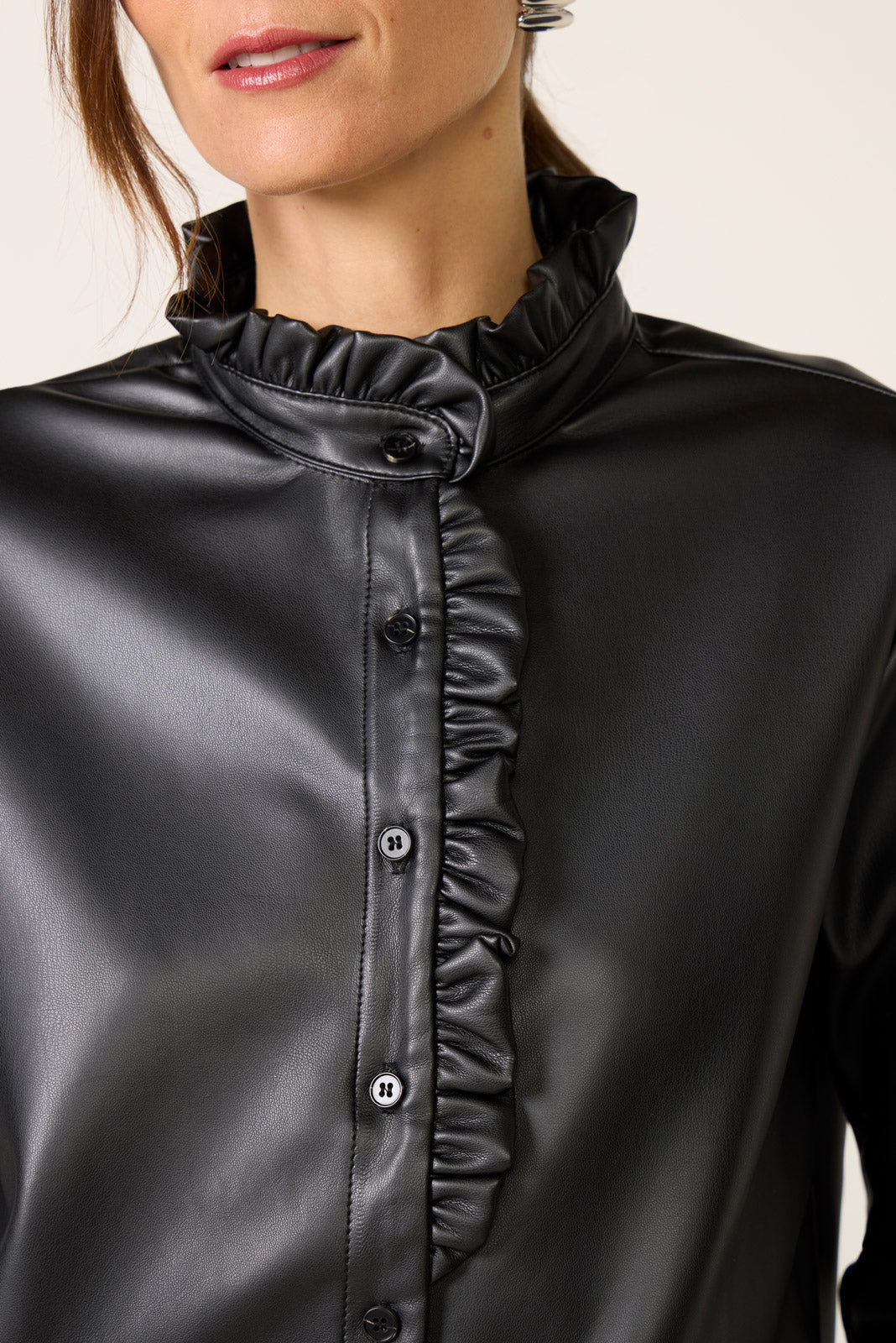 Faux Leather Ruffle Neck Shirt