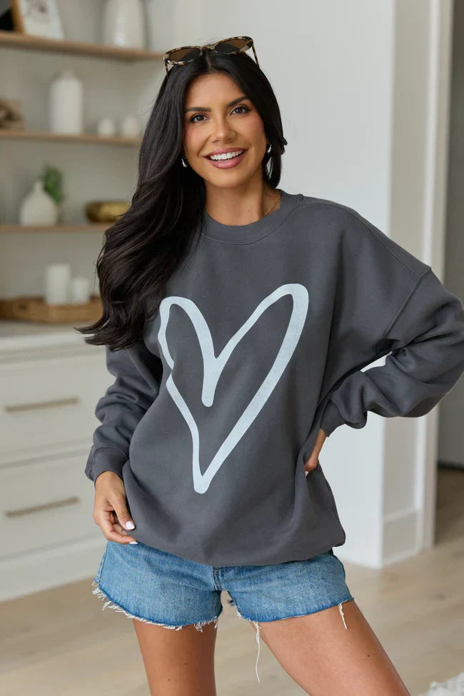 Heart Sketch Dark Grey Graphic Sweatshirt