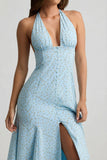 Halterneck Midaxi Dress in Blue Flower Print