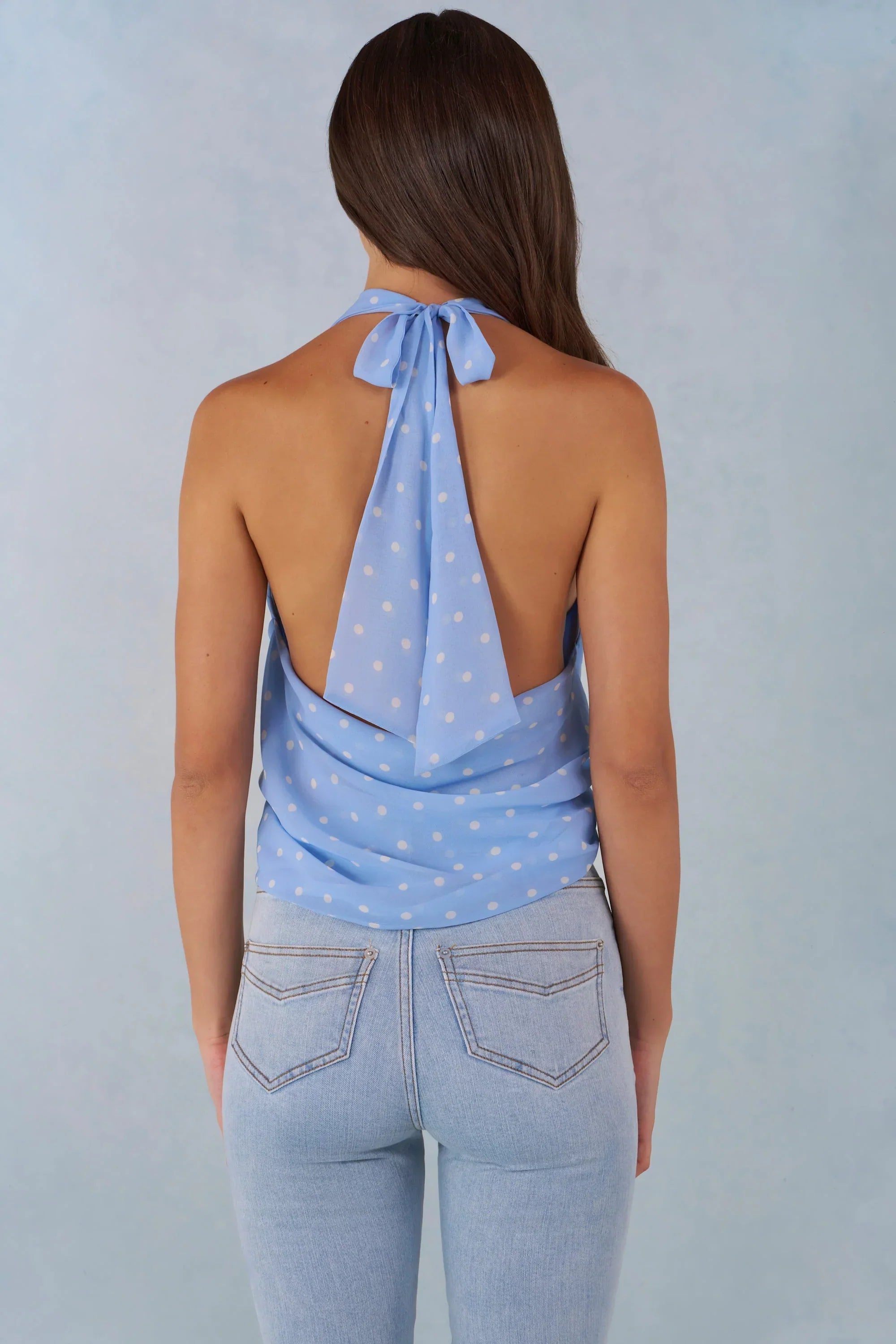 Deep Plunge Halterneck Top in Blue Polka Dot Print