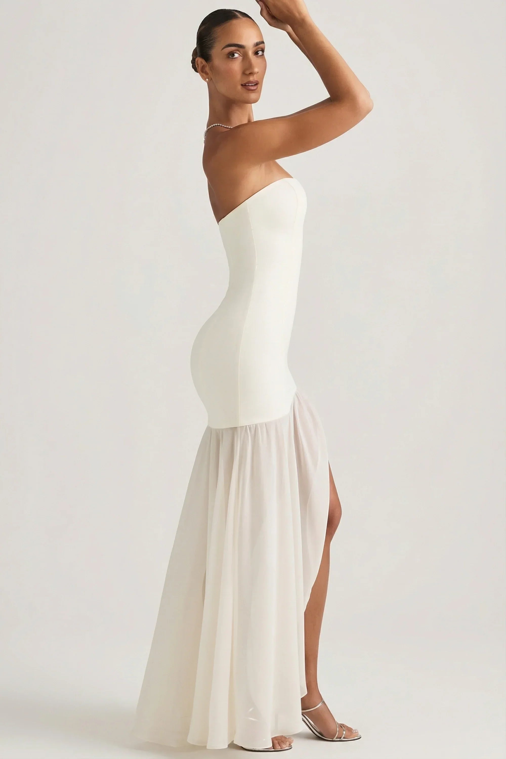Asymmetric Strapless Fishtail Maxi Dress in Ivory