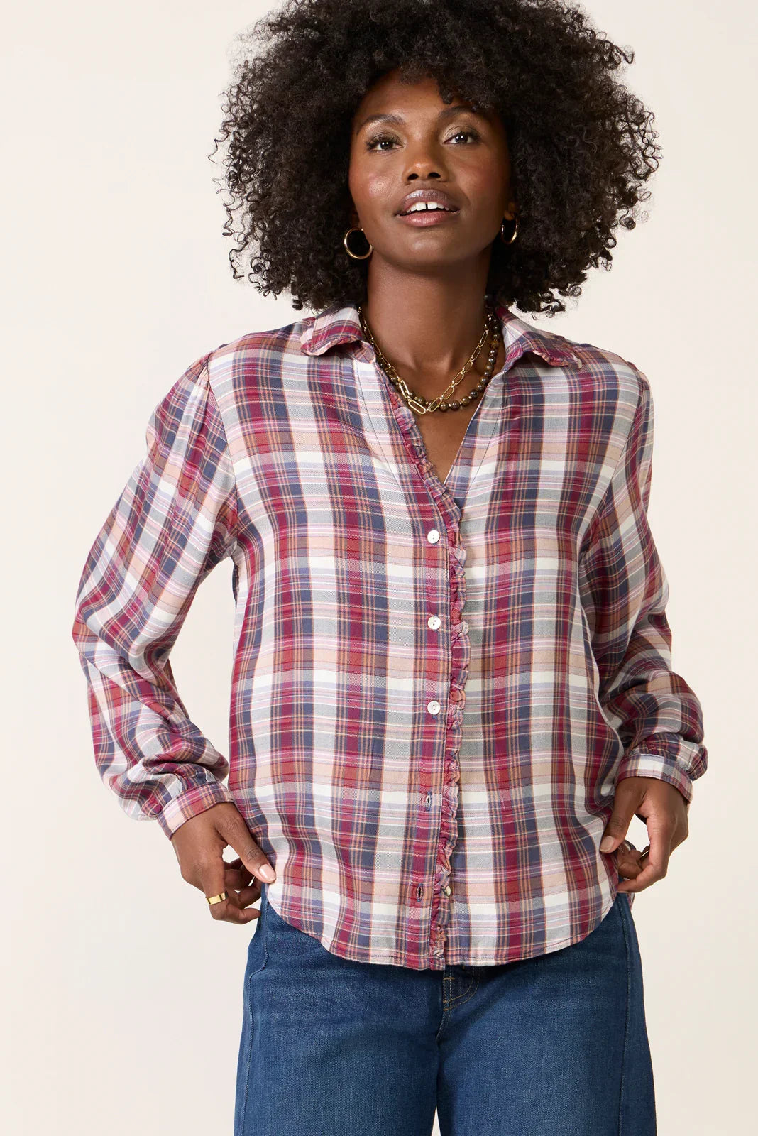 Plaid Ruffle Button Down