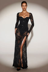 Sheer Embellished Bodysuit Corset Gown Dress in Black