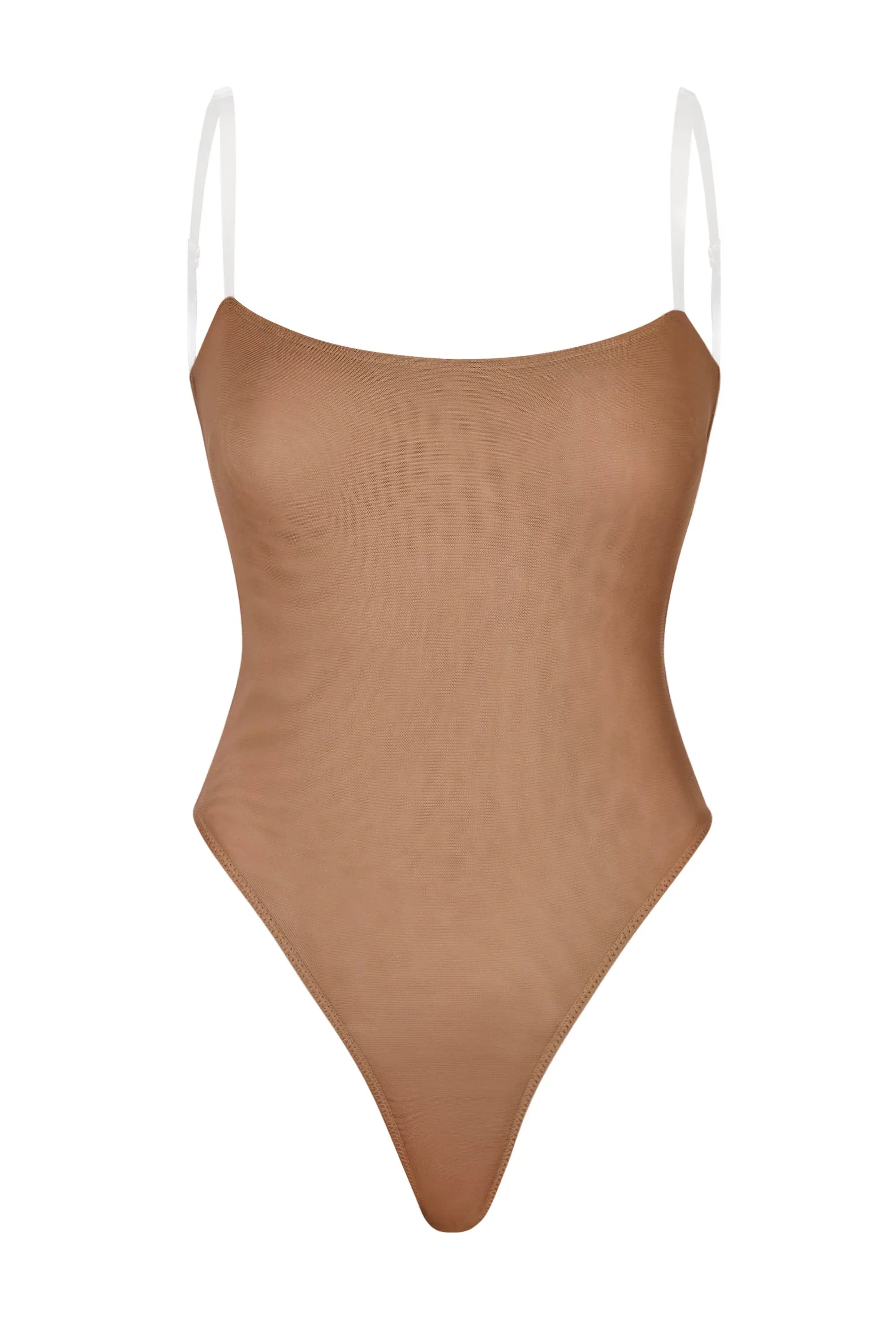Soft Mesh Invisible Strap Thong Bodysuit in Honey
