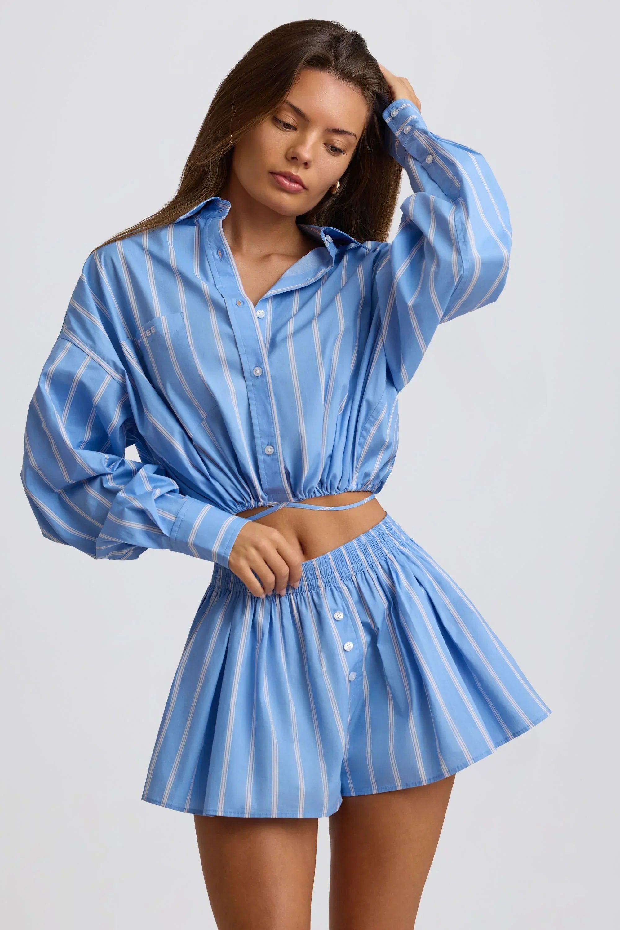 Cotton Poplin Stripe Pleated Shorts in Blue Stripe