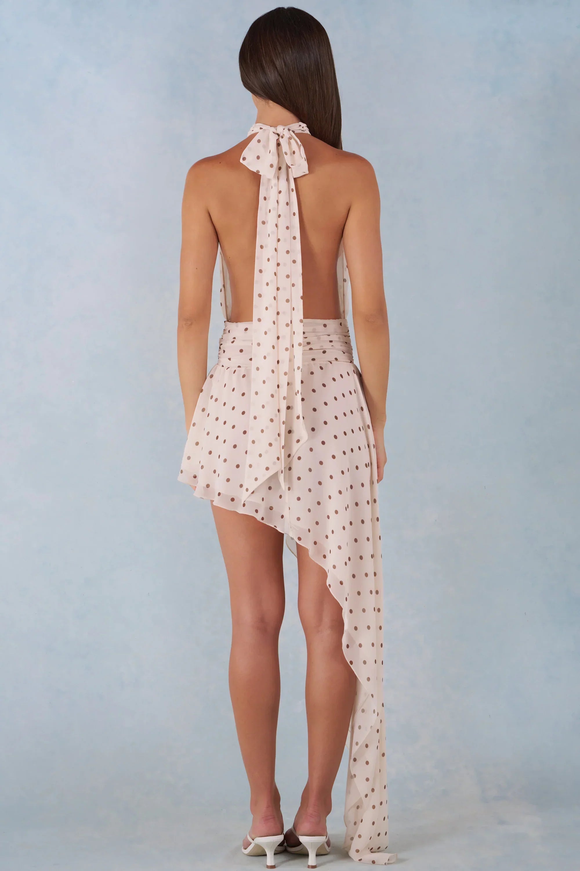 Halterneck Asymmetric Maxi Dress in Ivory Polka Dot Print