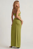 Textured Jersey Asymmetric Maxi Dress in Olive Green