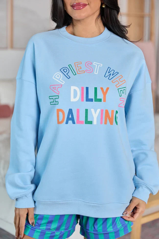 Happiest When Dilly Dallying Multi Light Blue Graphic Sweatshirt