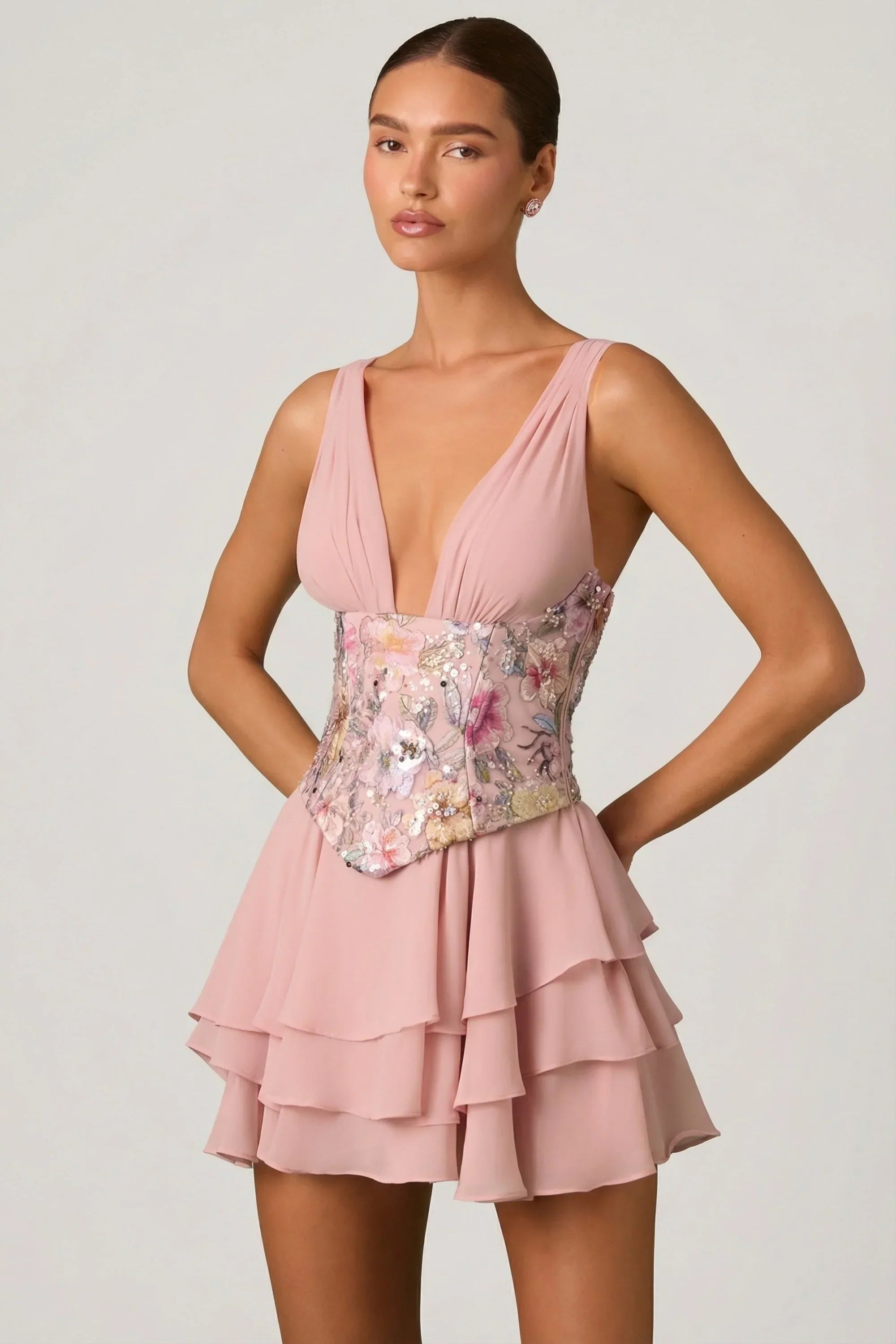 Embellished Ruffled Corset Mini Dress in Floral Pink