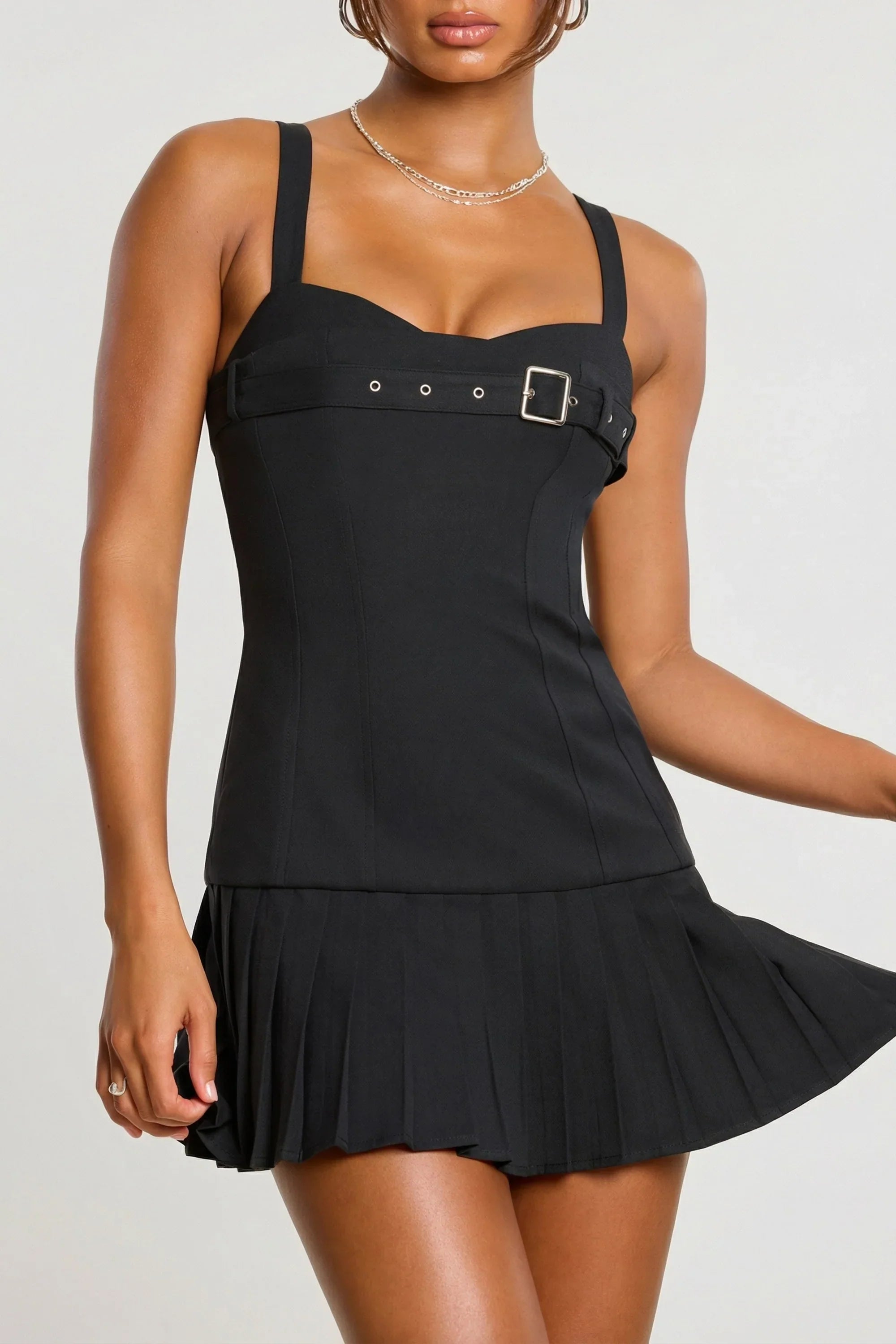 Brushed Twill Drop Waist Kilt Mini Dress in Black
