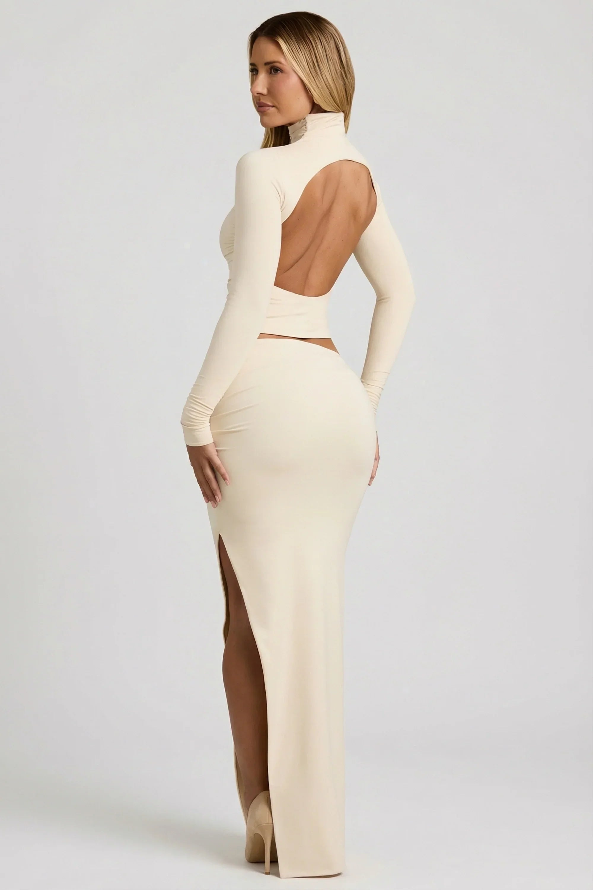Modal Ruched Backless Turtleneck Top in Ivory