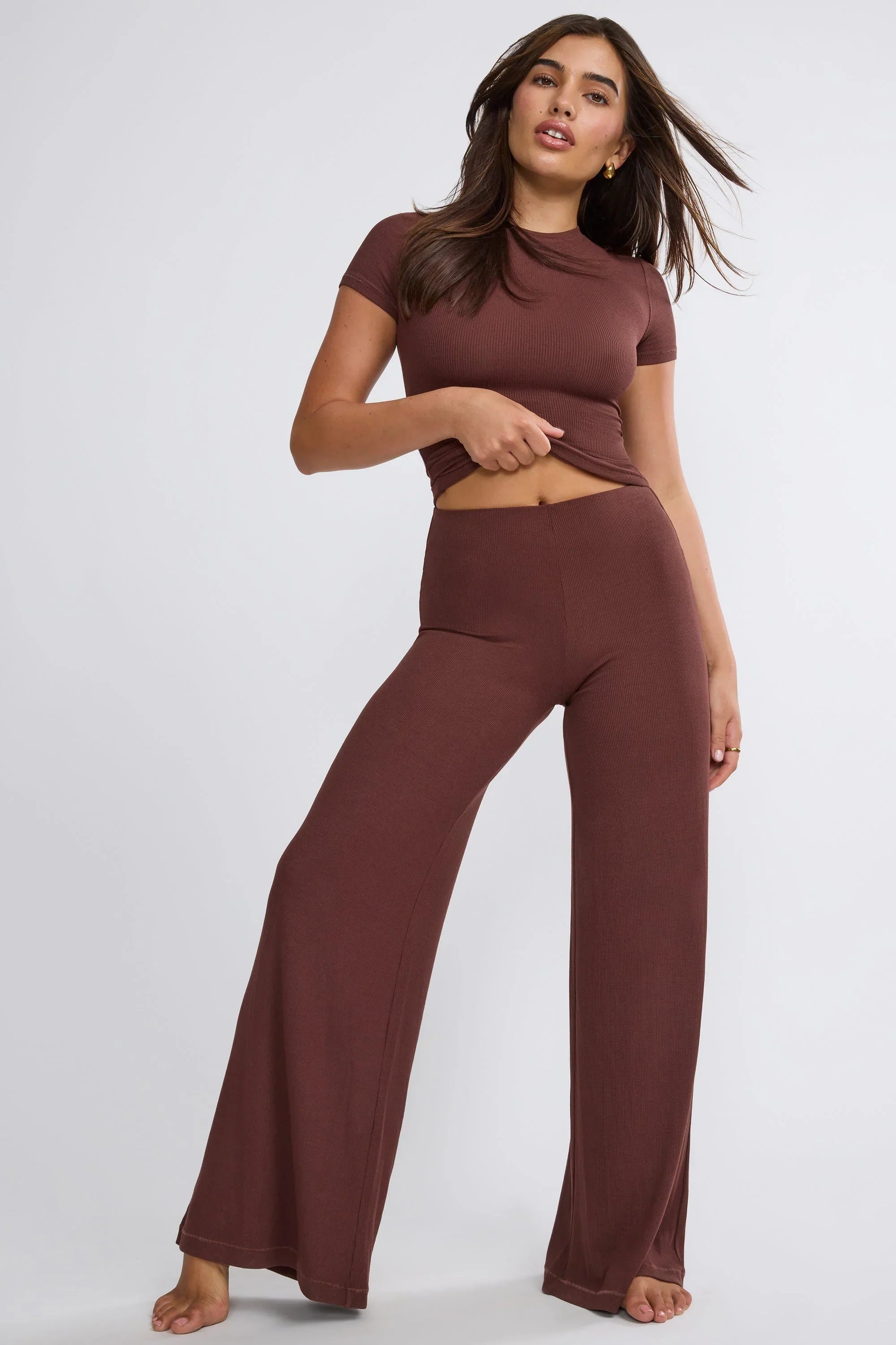 Tall Mid Rise Wide Leg Trouser in Chocolate