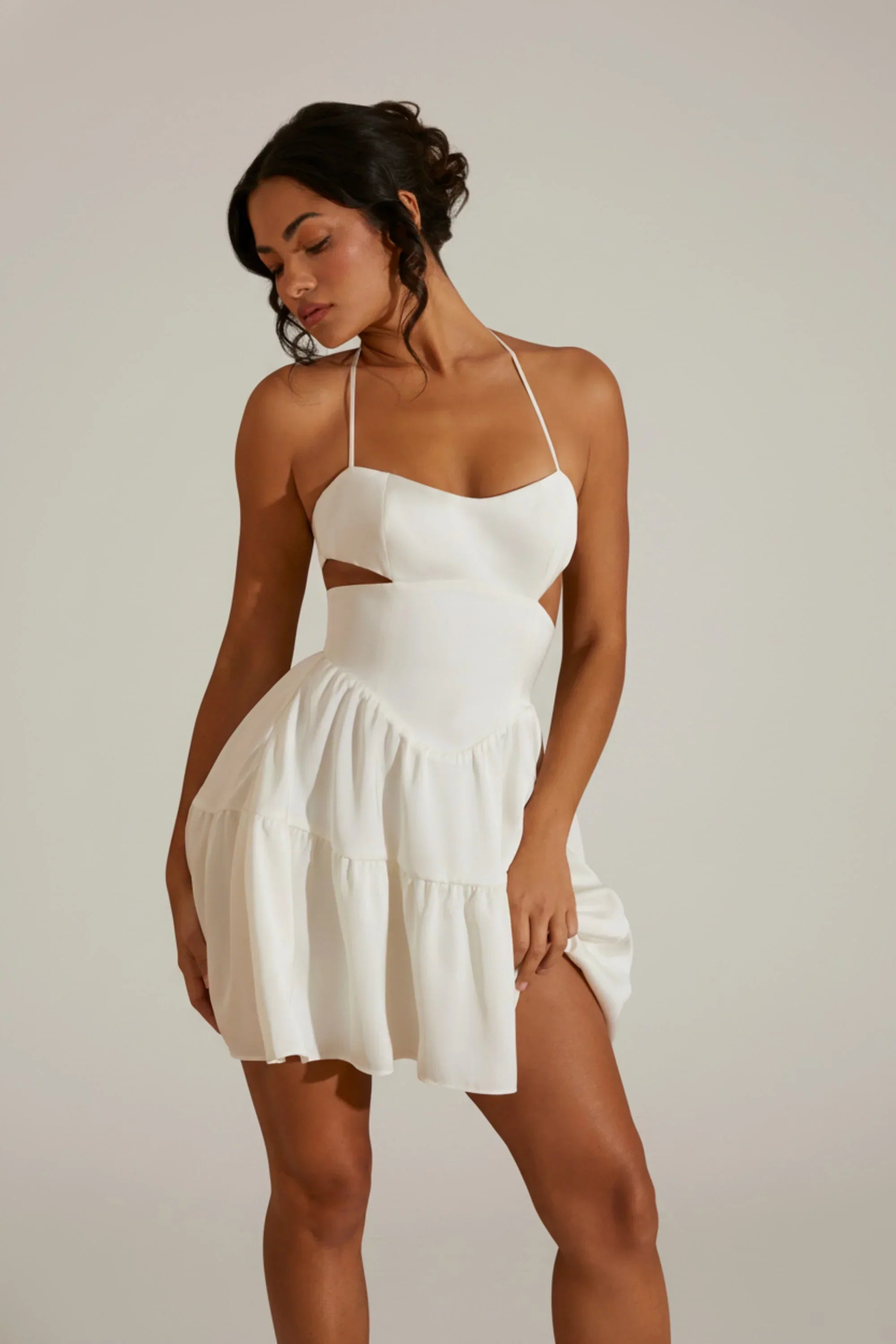 Halter Neck Cut Out Mini Dress in White