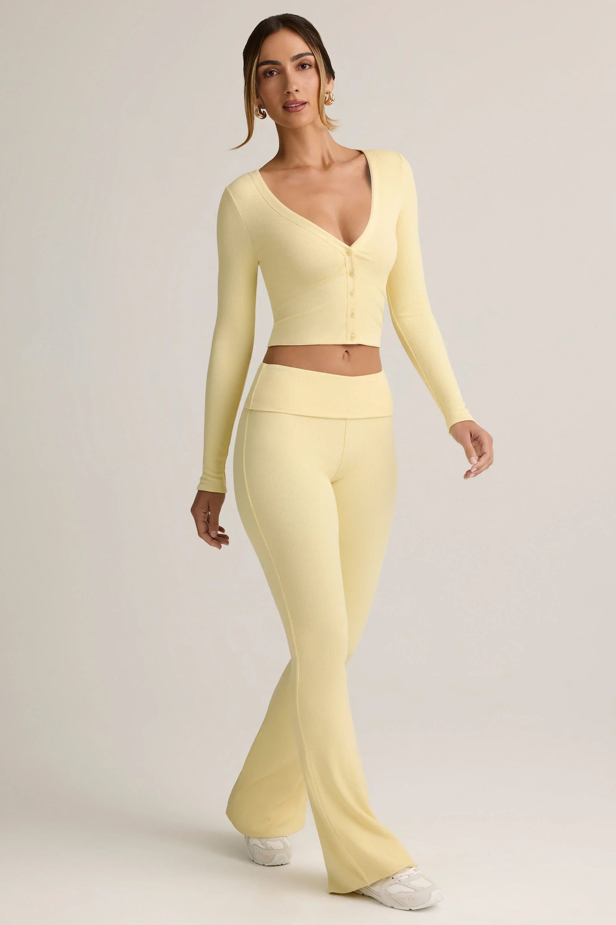 Modal Ribbed Foldover Flared Trousers in Buttercream Yellow