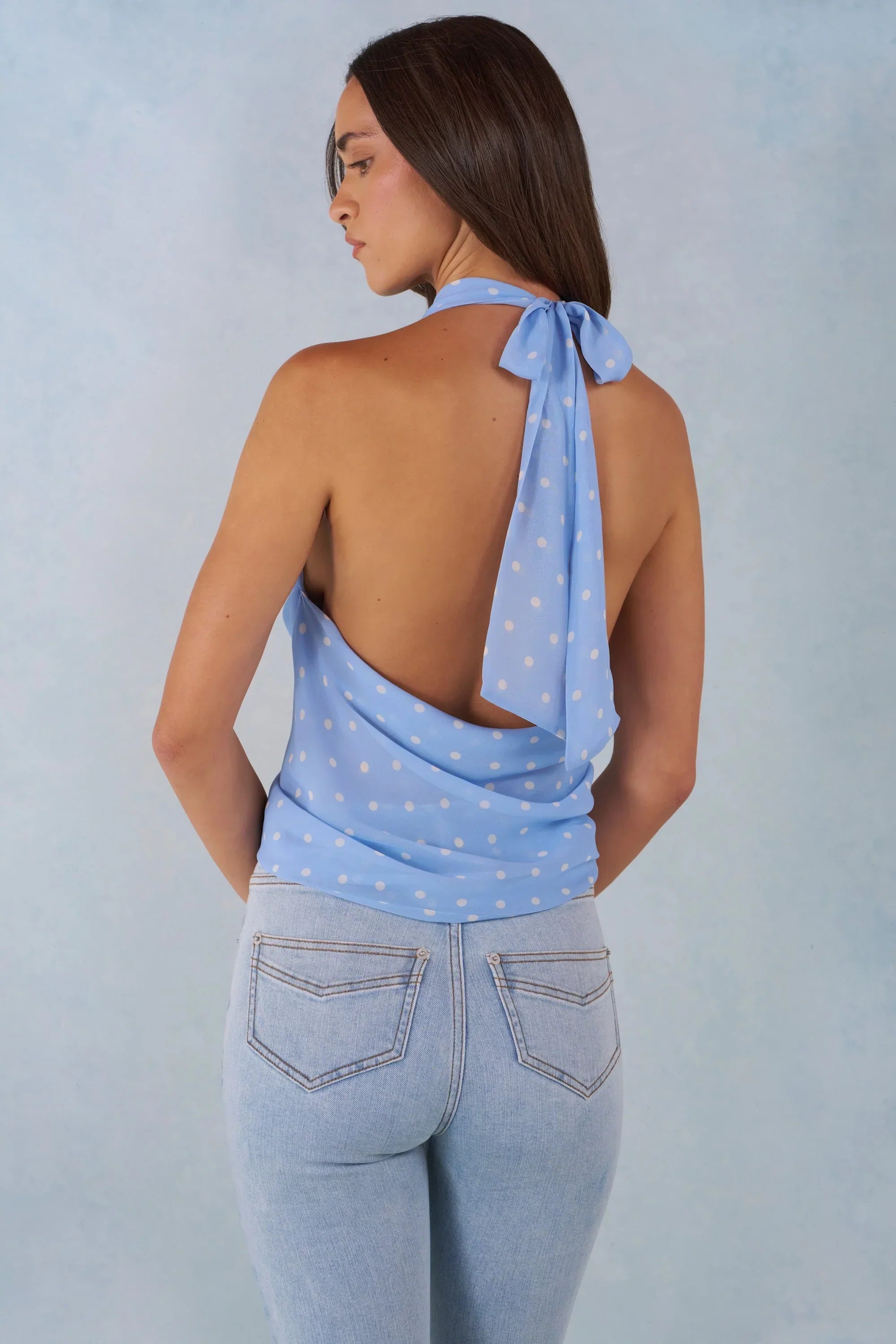 Deep Plunge Halterneck Top in Blue Polka Dot Print