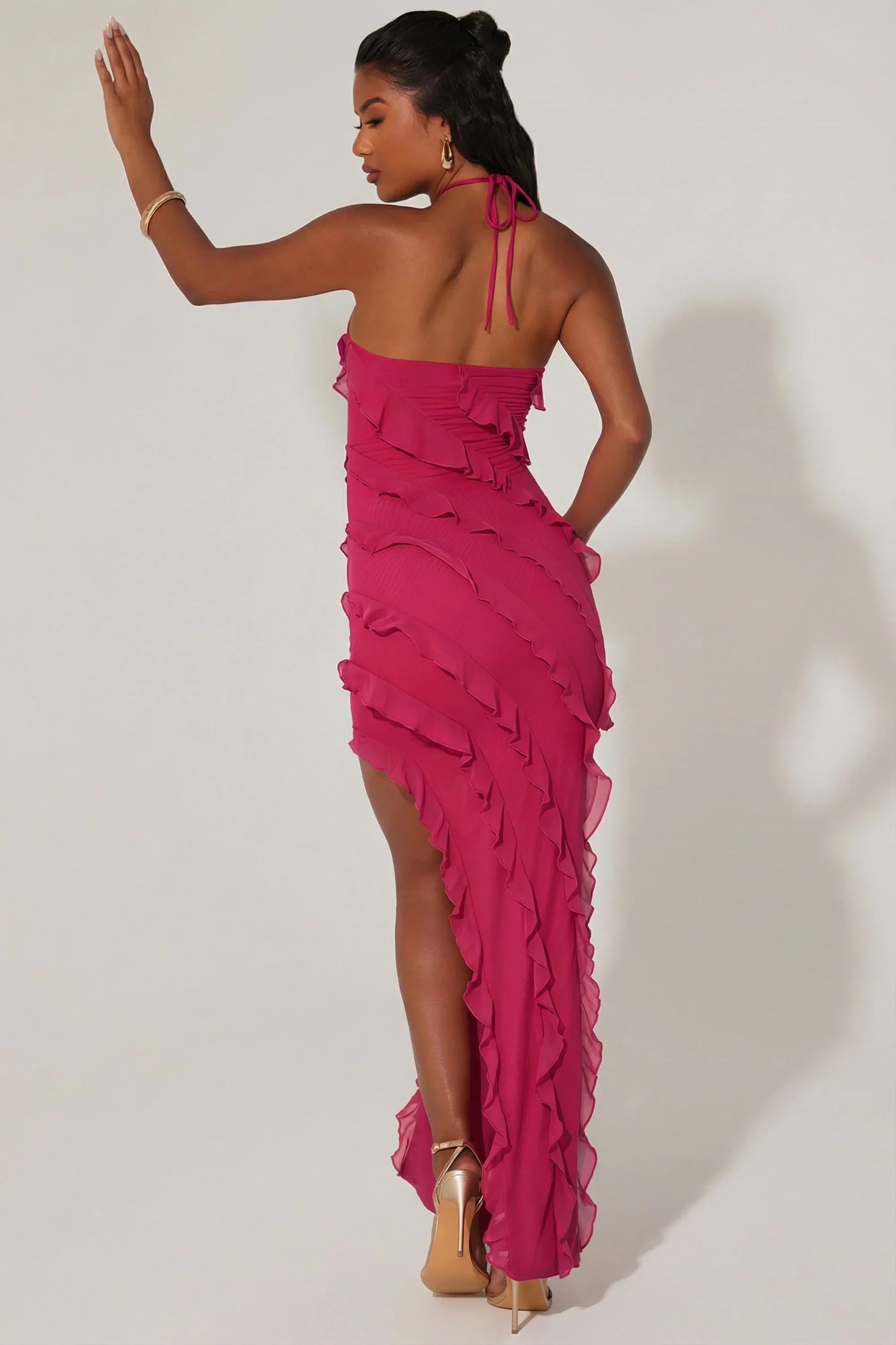Cross Strap Ruffle Floor Length Dress in Fuchsia
