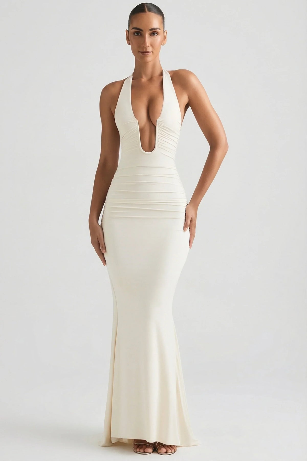 Ruched Backless Halterneck Gown in Ivory