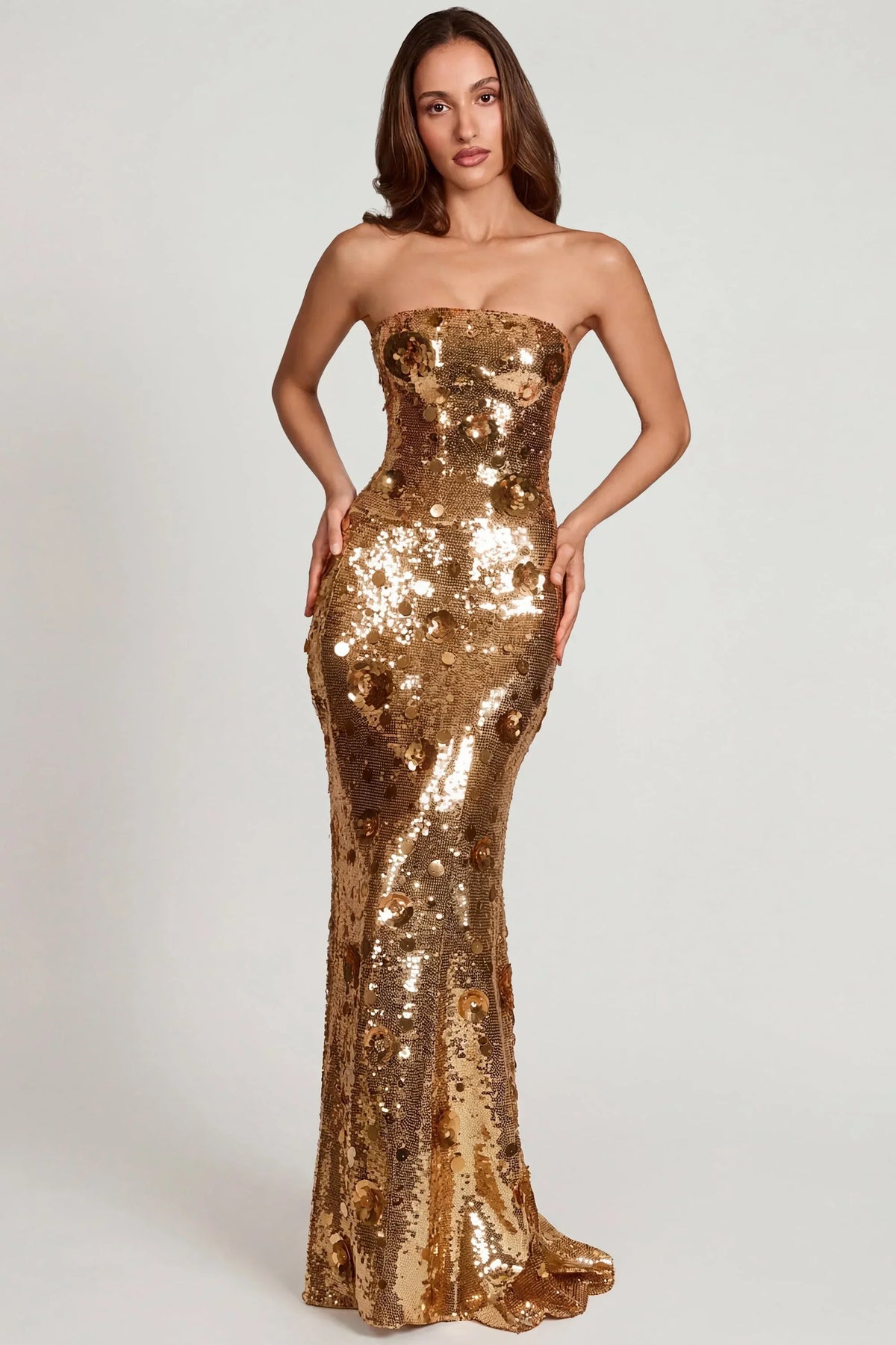 3D Embellished Bandeau Maxi Dress in Gold
