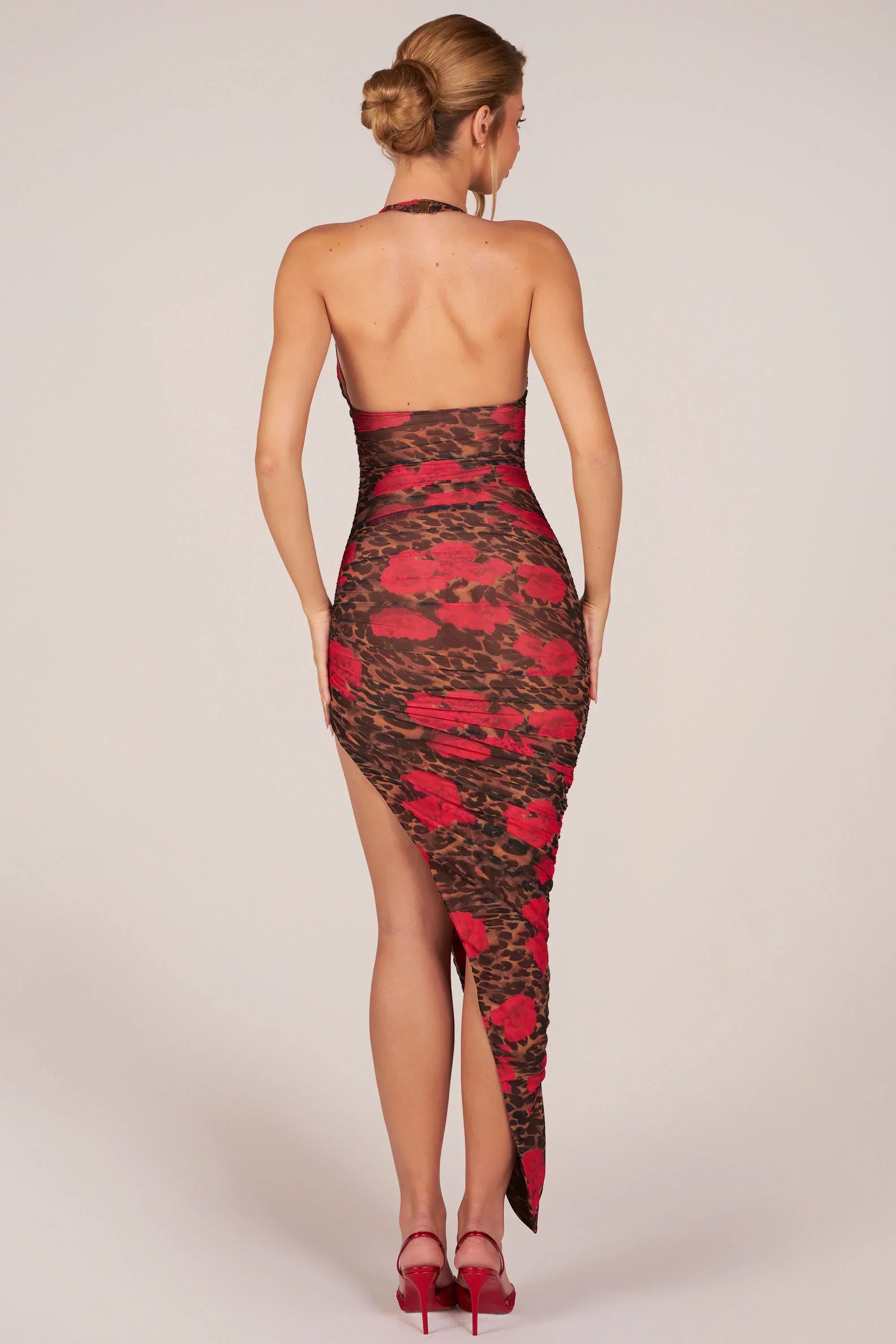 Halterneck Split Hem Midaxi Dress in Rose Leopard Print