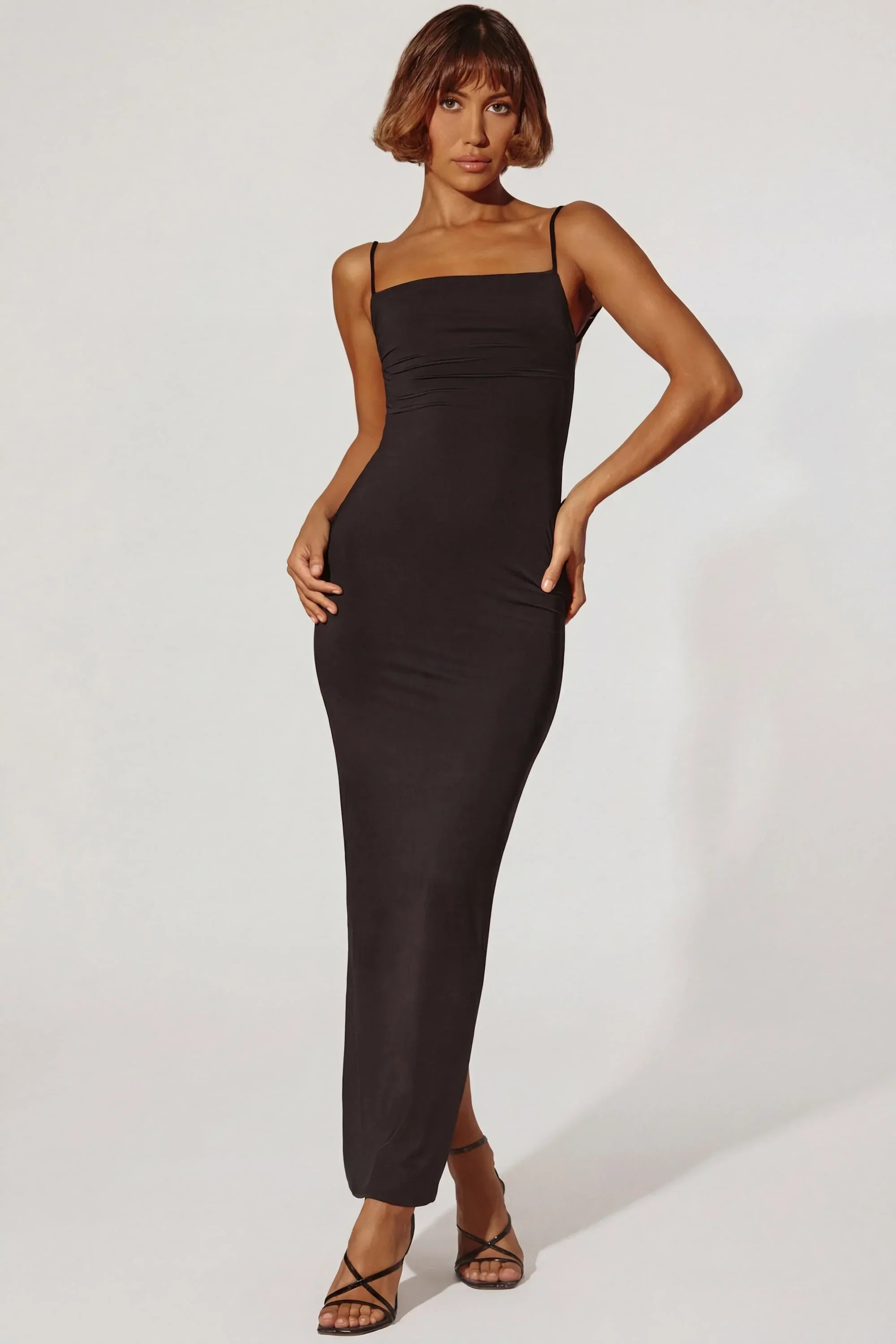 Ruched Bodycon Maxi Dress in Black