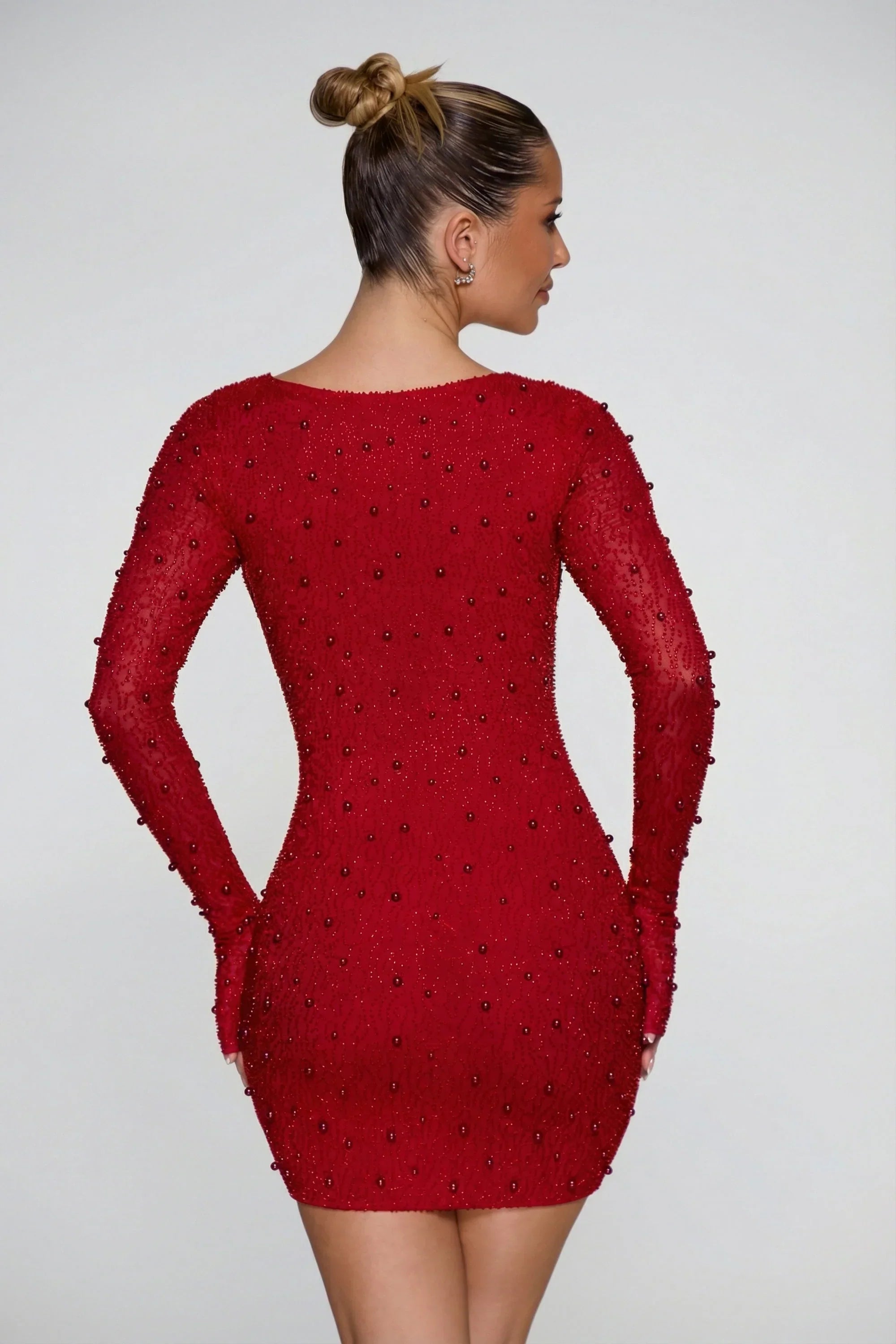 Long Sleeve Deep Plunge Mini Dress in Red