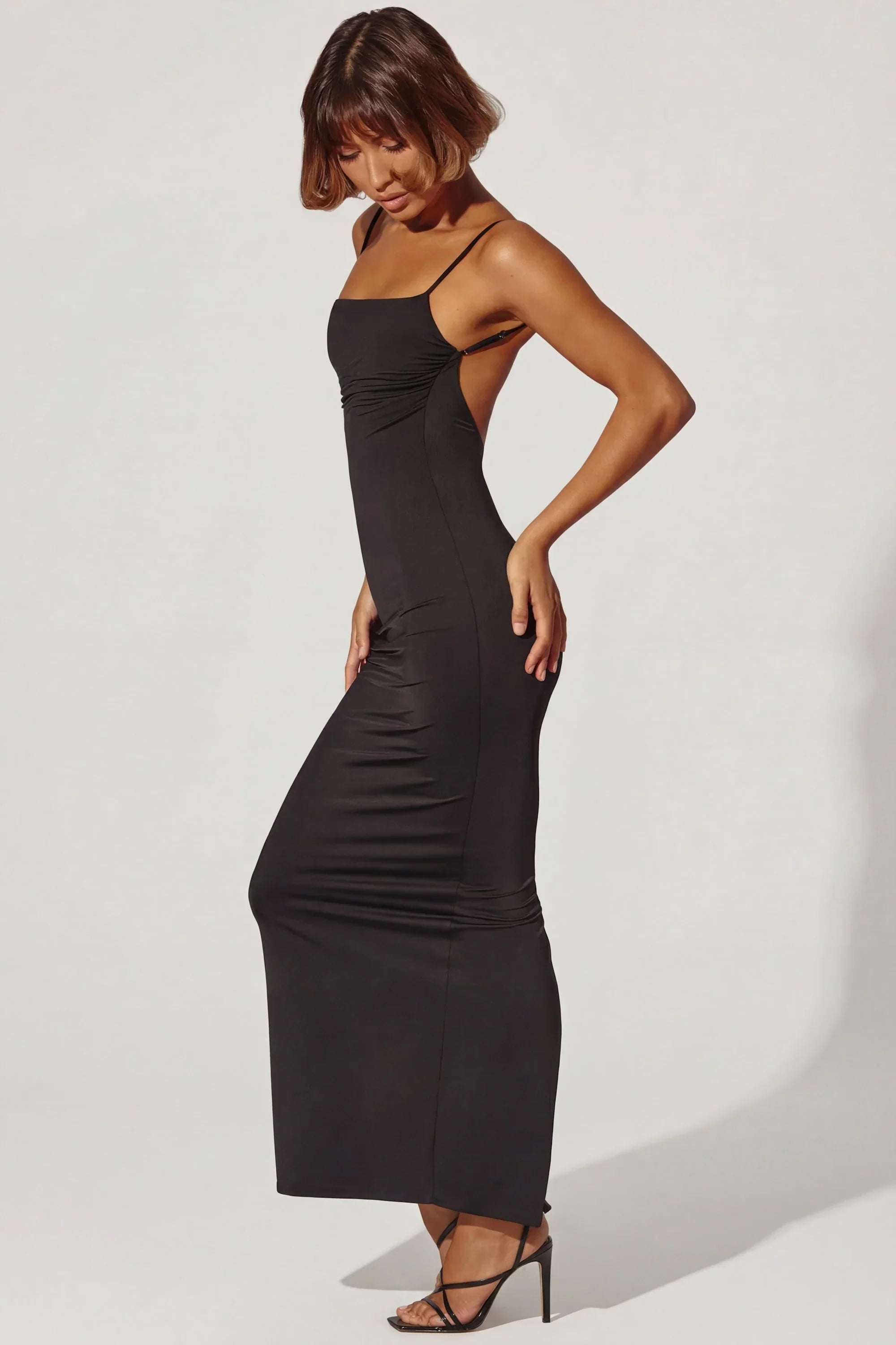 Ruched Bodycon Maxi Dress in Black